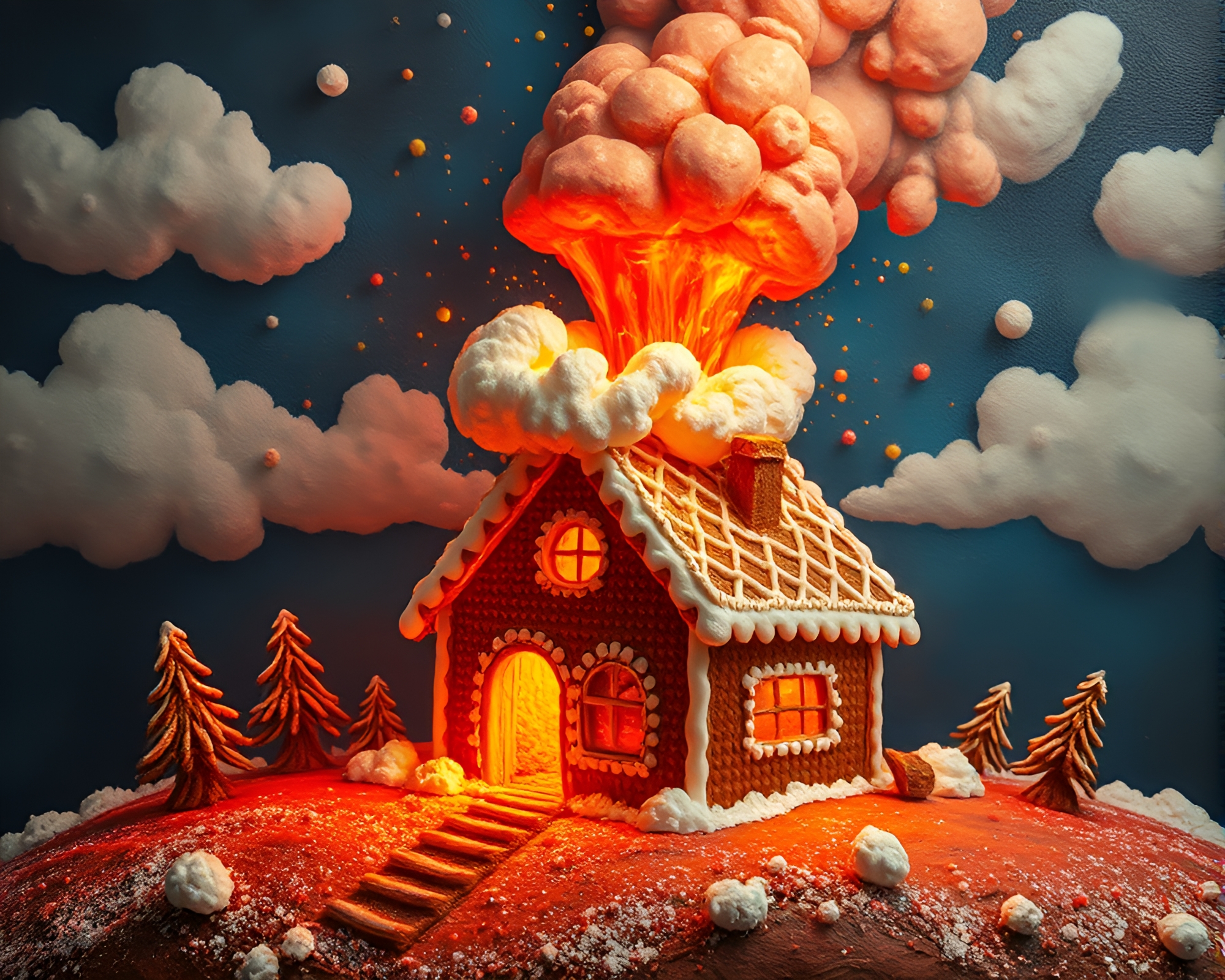 Gingerbread House Erupting in Fiery Impasto Explosion – free AI stock image
