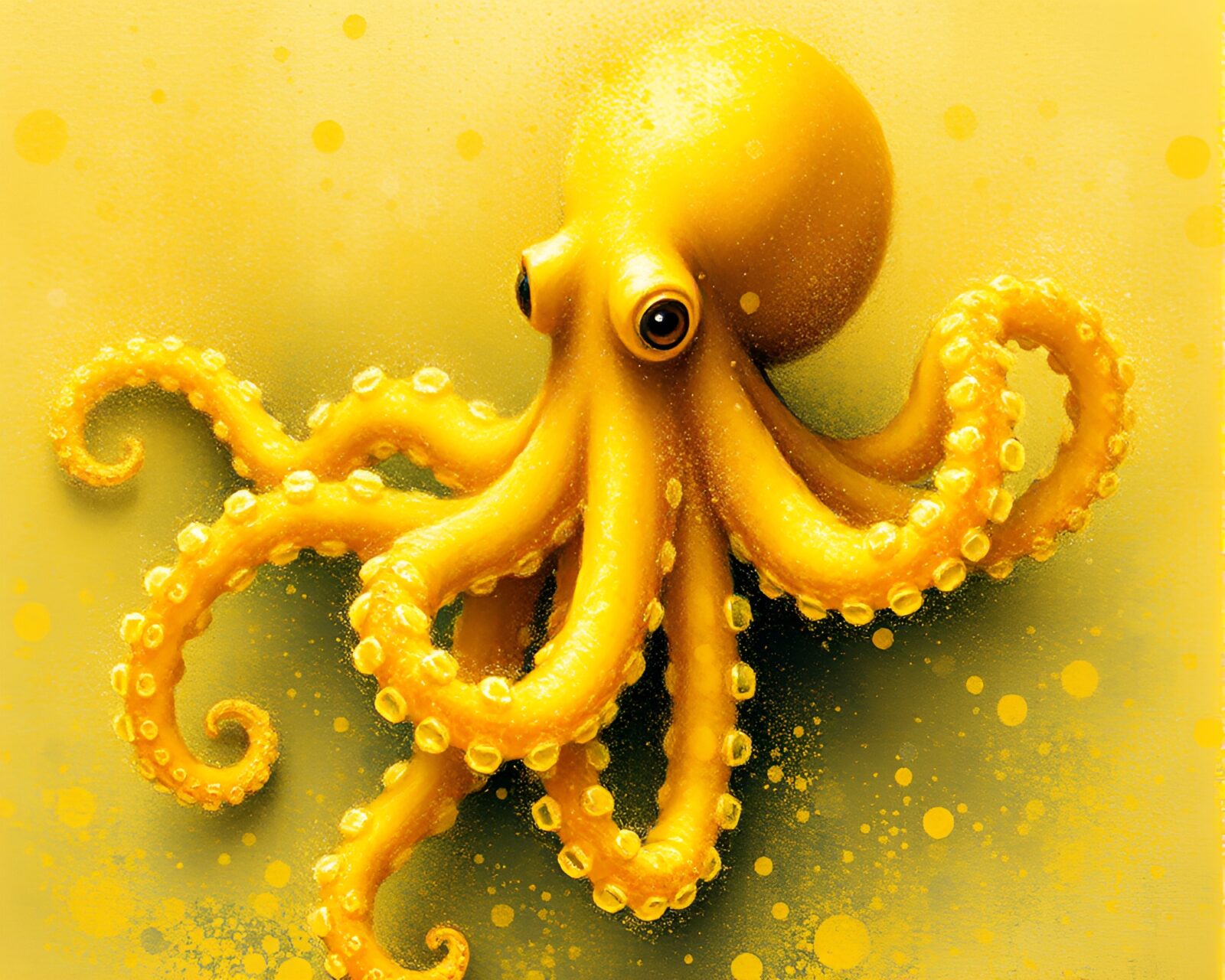 Vibrant pointillism art of octopus swirling in lemon yellow dust