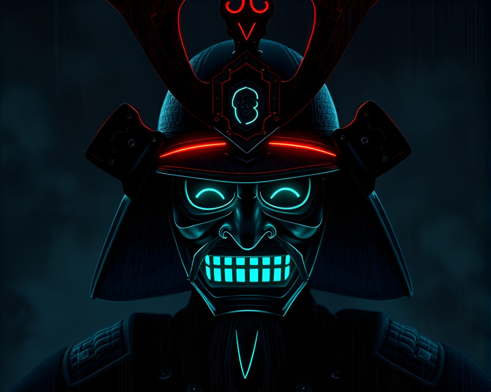 Samurai helmet in glowing forest with leading lines