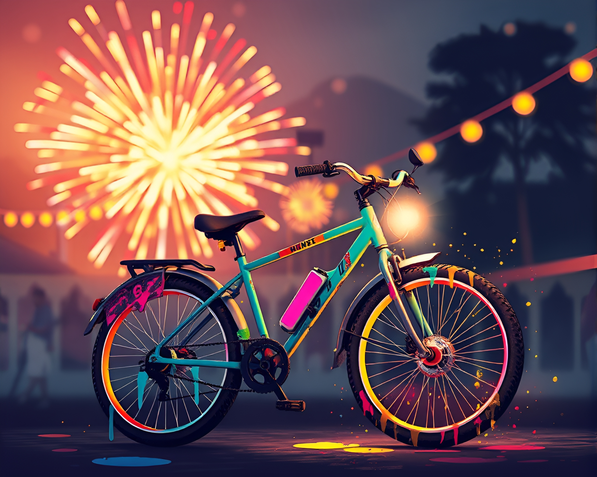 Solar-Powered Bike amid Festival Fireworks Spray Paint Drips – free AI stock image