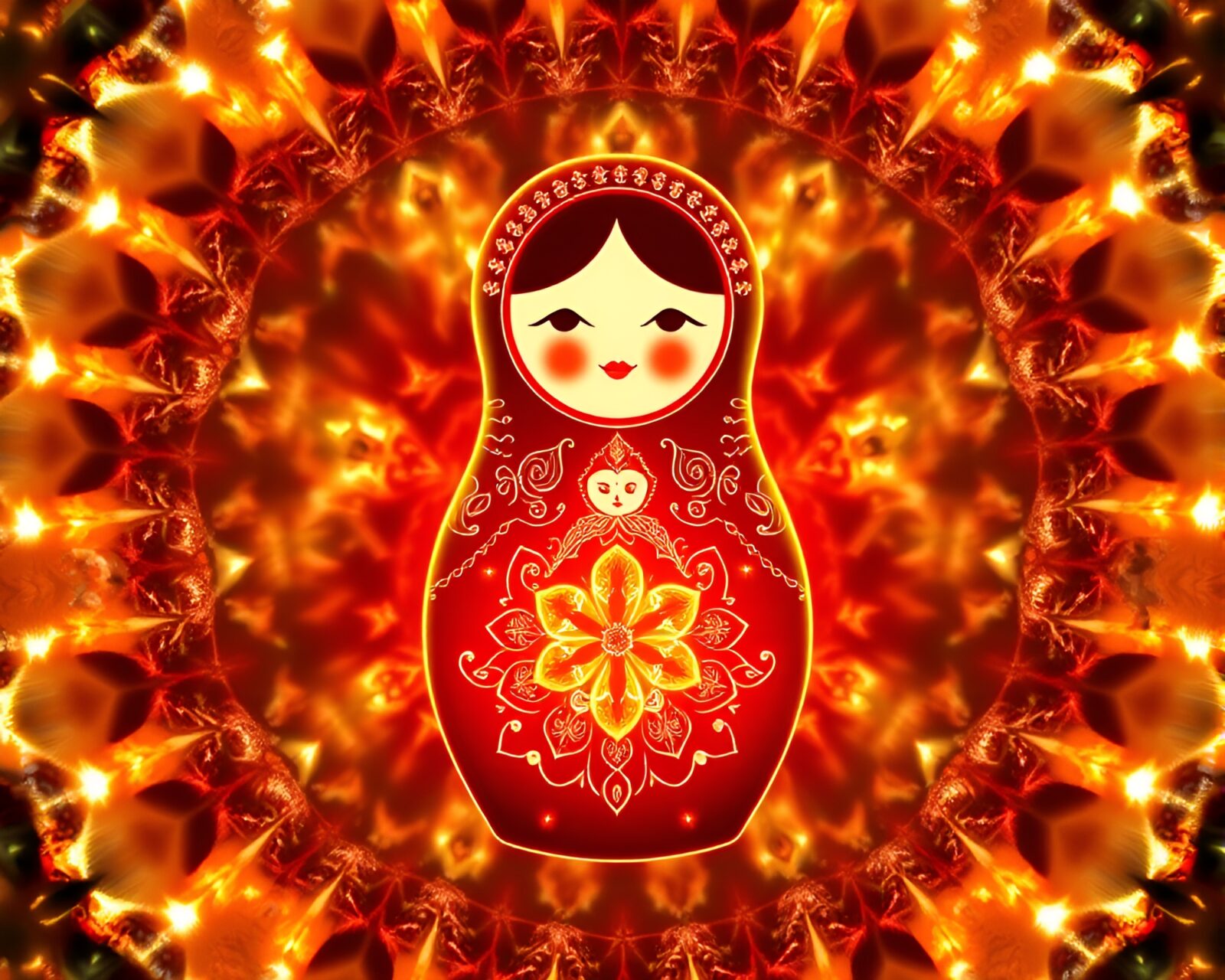 Abstract Matryoshka doll surrounded by intricate fractal patterns