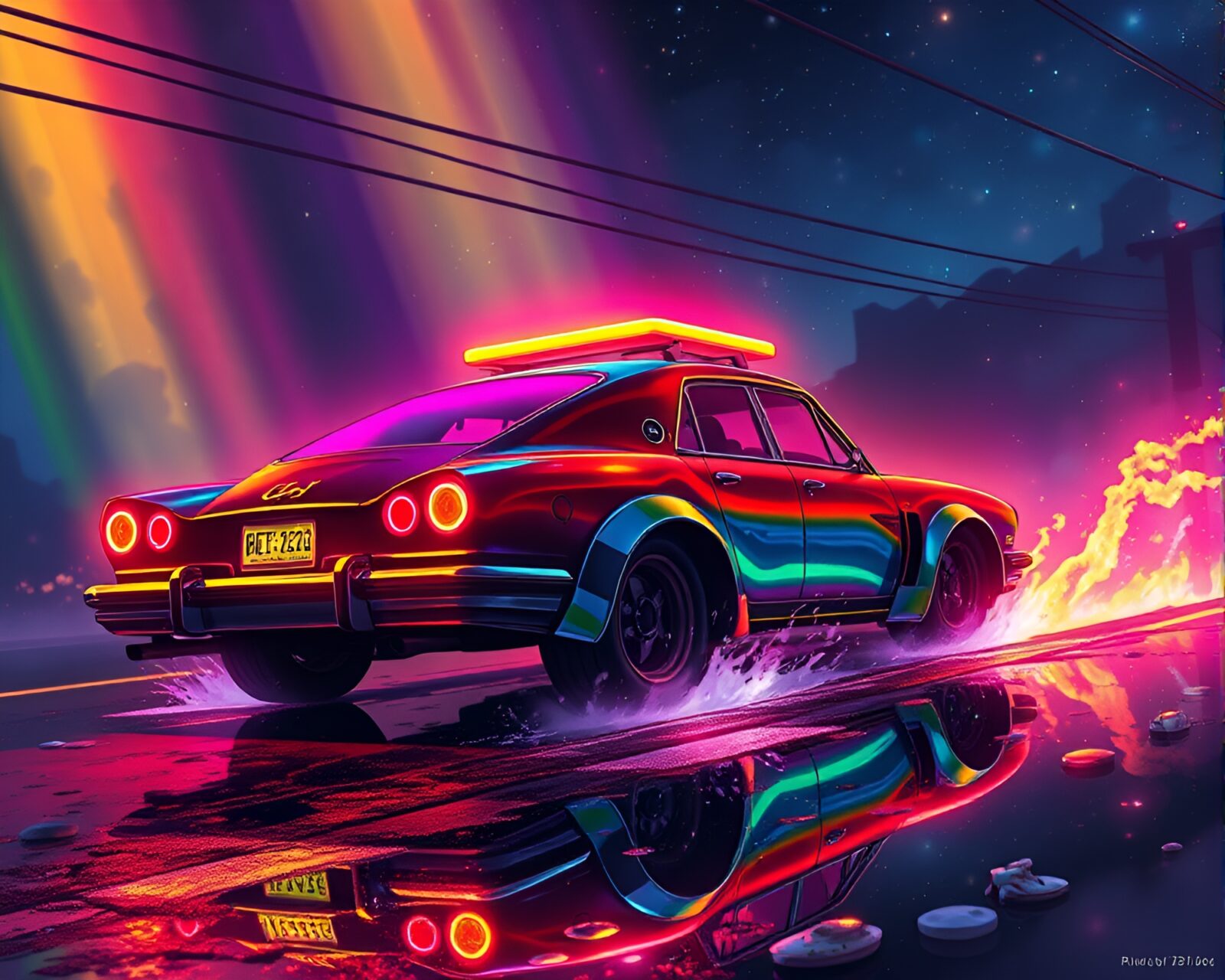 Colorful anime scene with glowing rainbow oil slick cable car