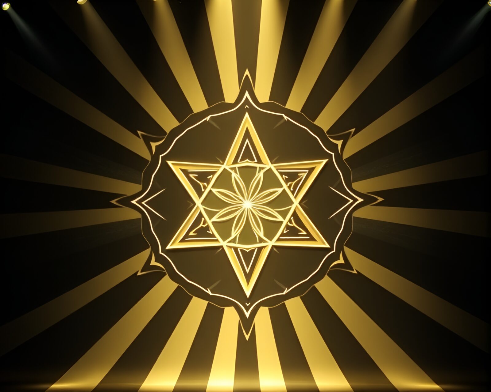 An intricate sacred geometry design illuminated by dramatic theatrical lighting
