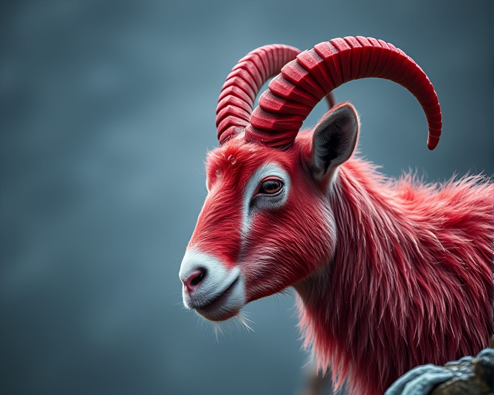 A mountain goat covered in dew drops under red light