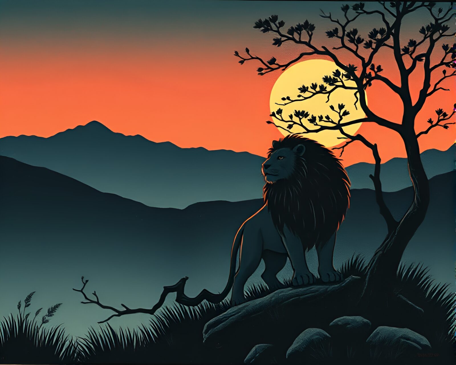 Majestic lion in a twilight woodblock print