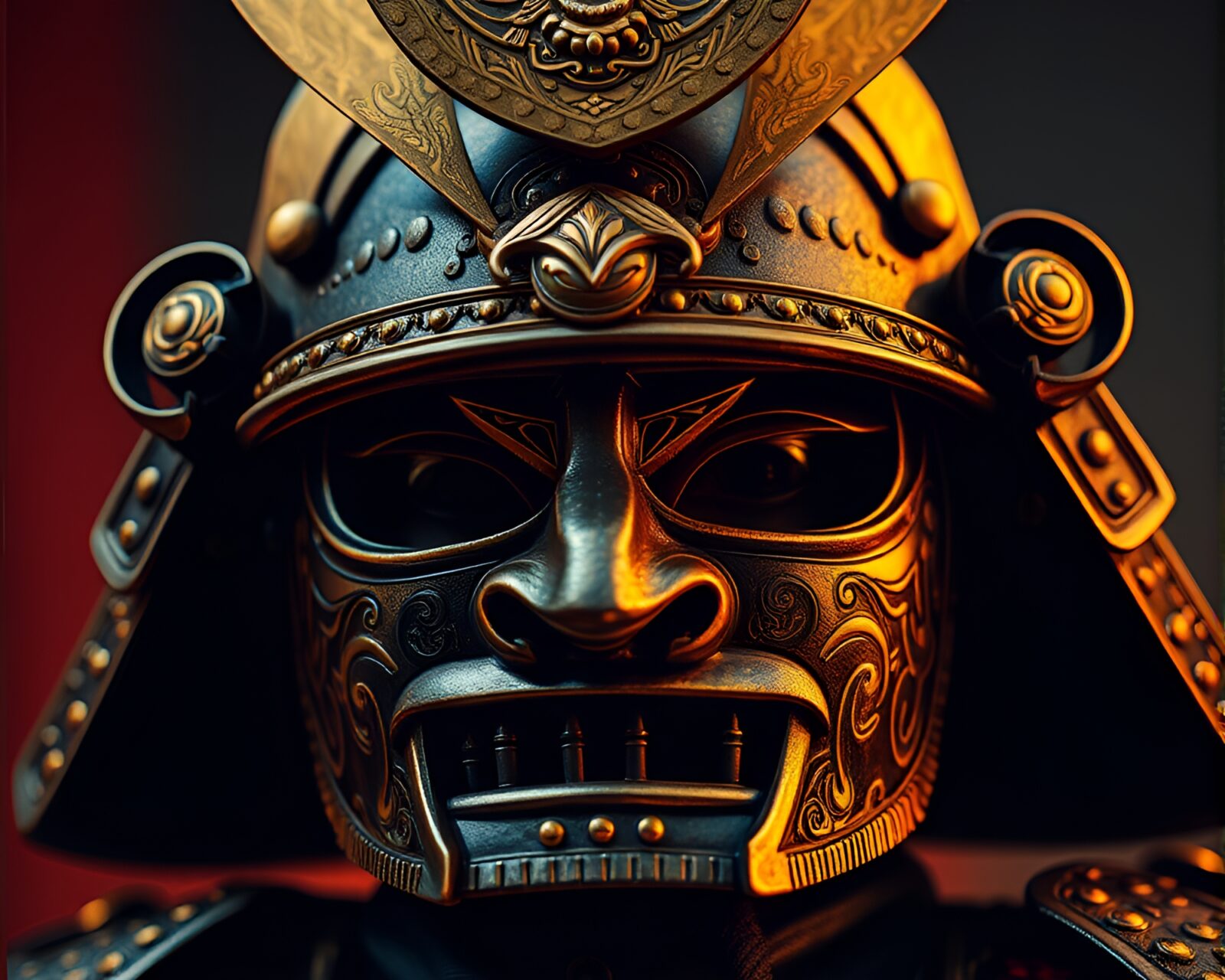 Close-up of ornate samurai helmet in golden savannah light