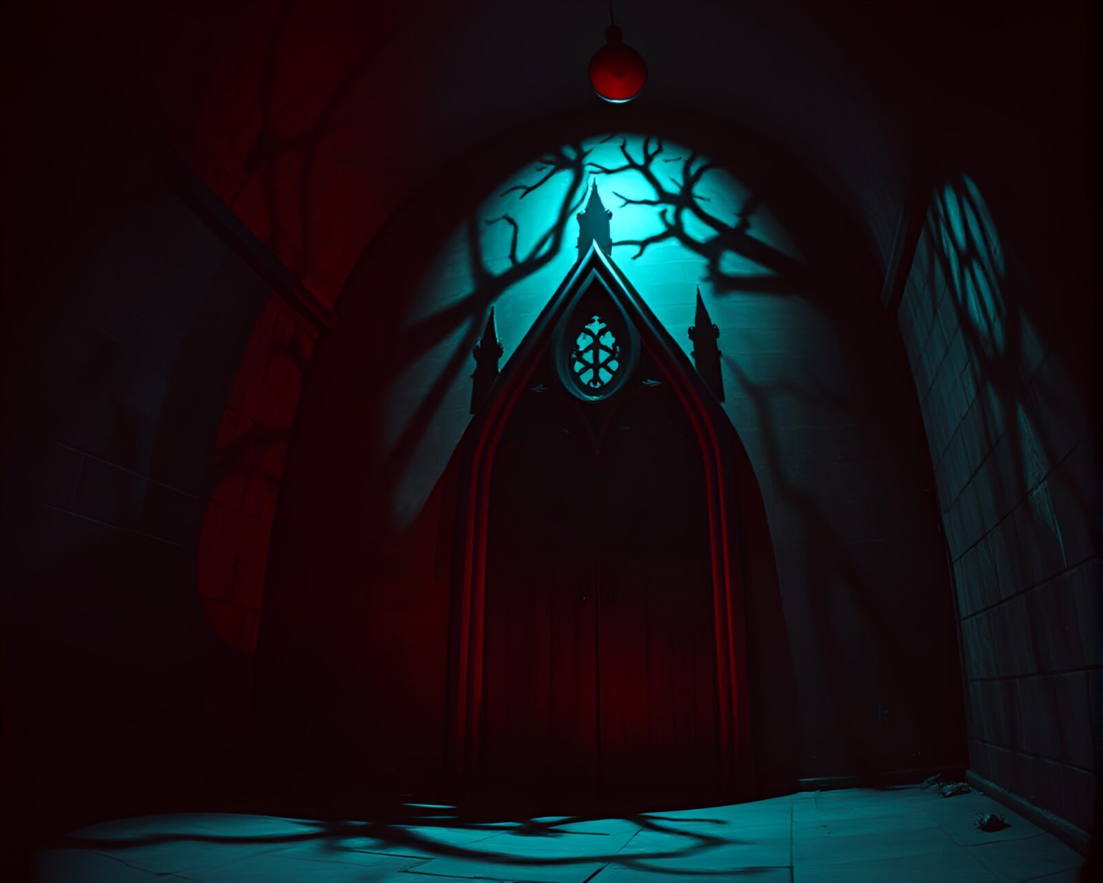 Eerie stencil shadows in infrared torchlight within a dungeon