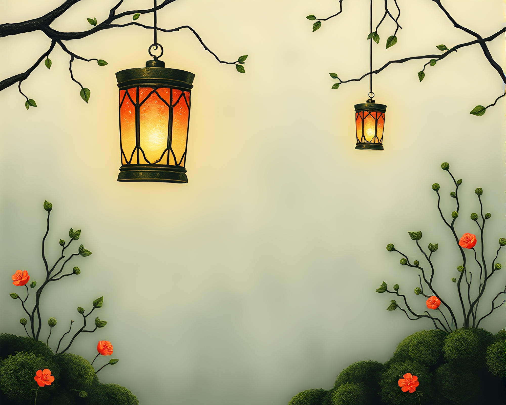 Serenity of Mossy Lanterns in Stencil Art – free AI stock image