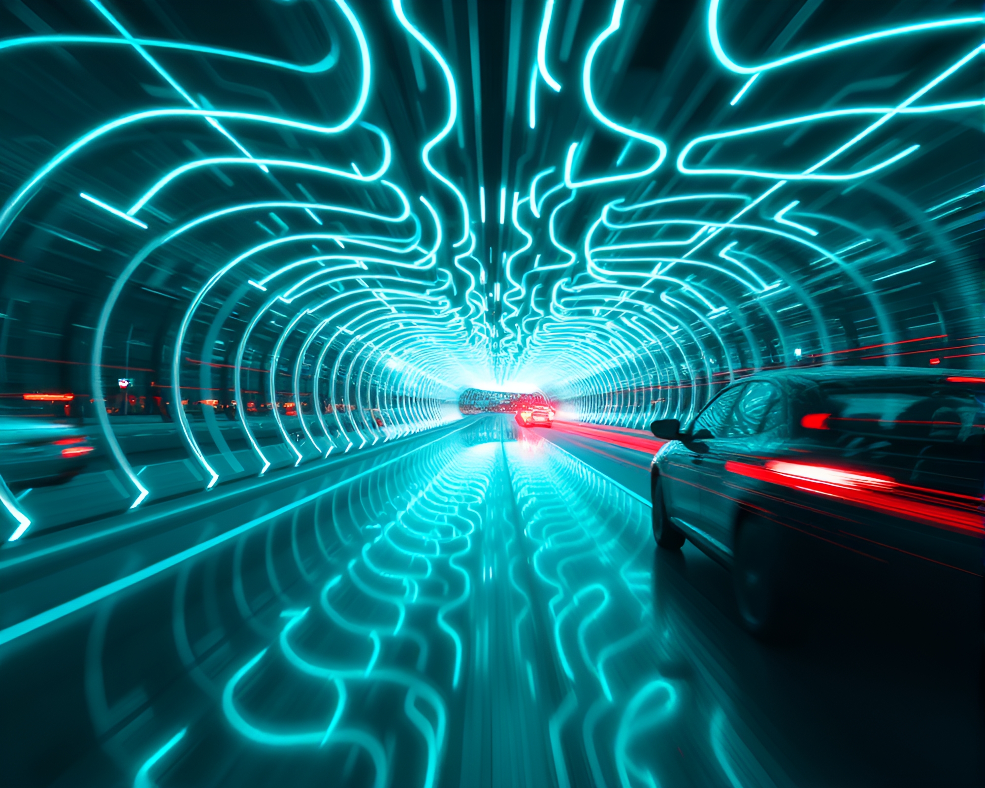 Mesmerizing Teal Car Light Trails in Mirror Maze – free AI stock image