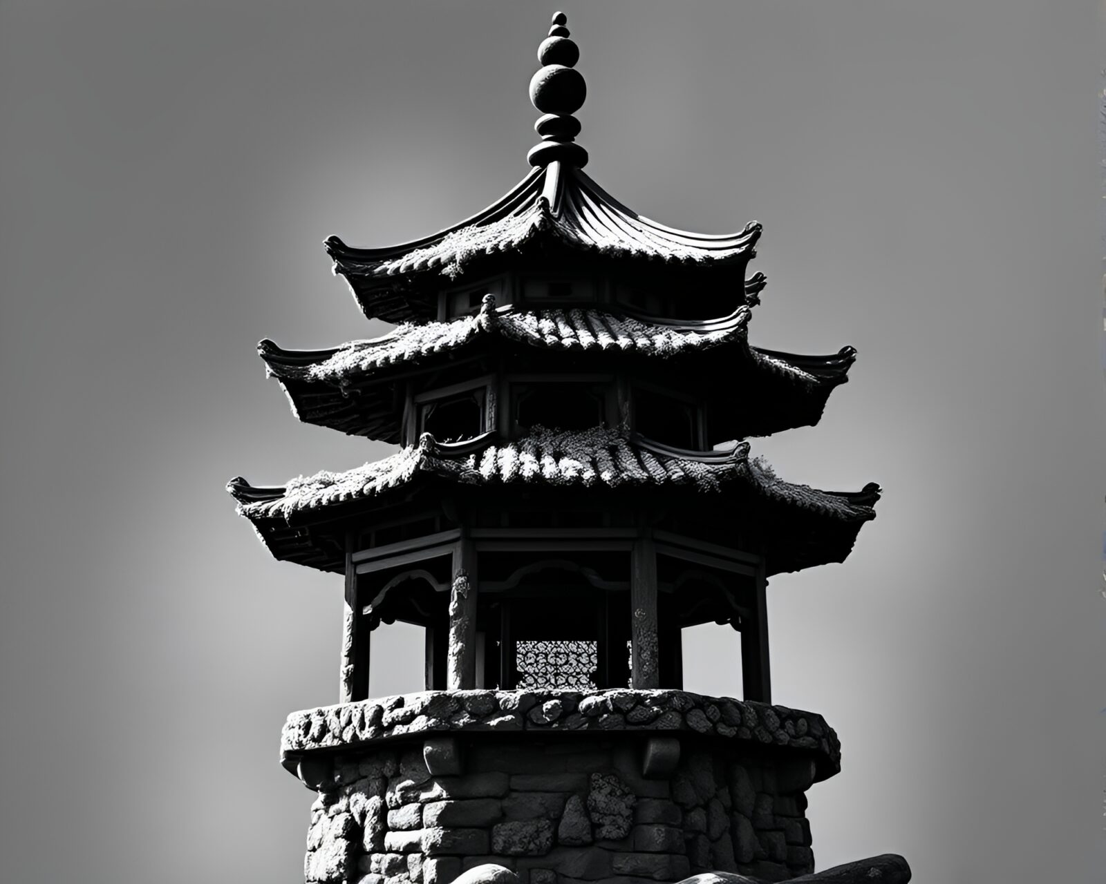 A mystical pagoda immersed in eclipse shadow with lichen texture