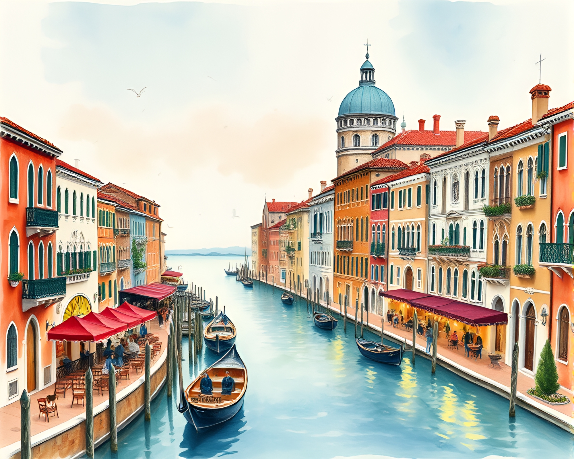 Venetian Canal Wildlife Watercolor Concert Stage Lights – free AI stock image