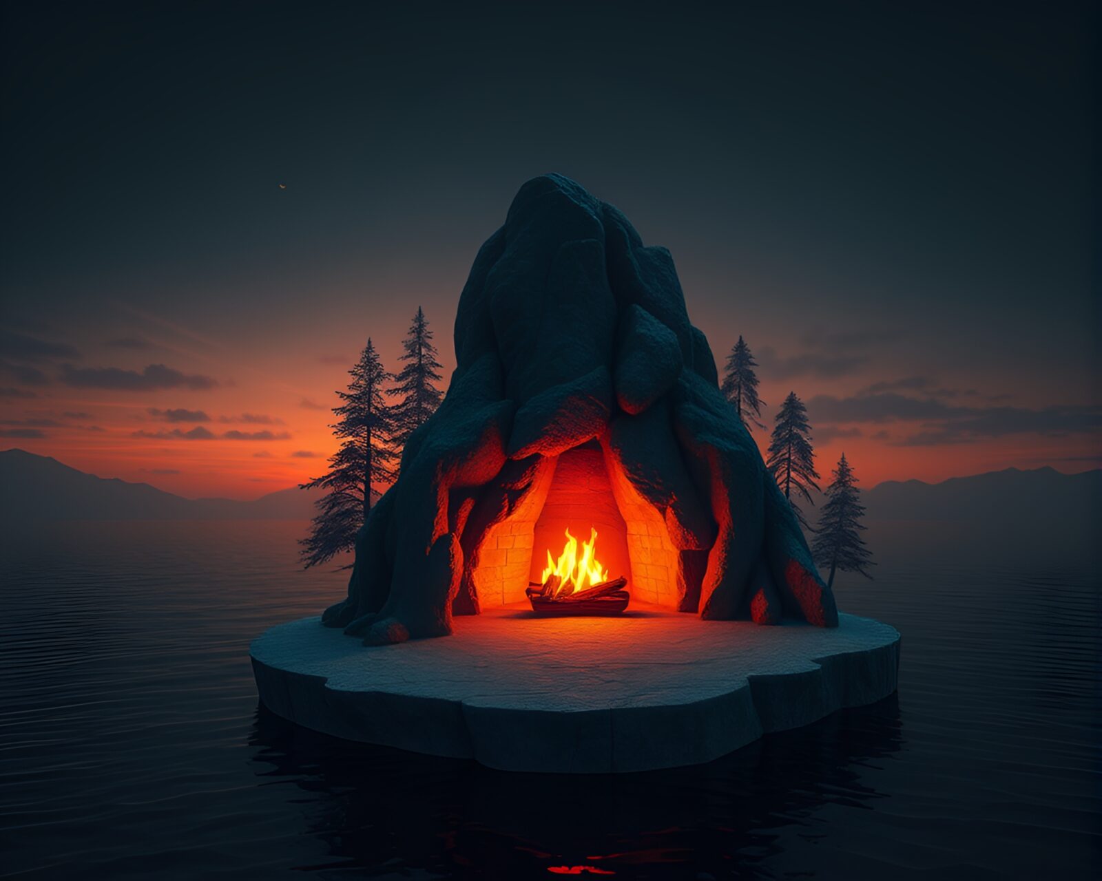 Isolated island with glowing fireplace in dark negative space