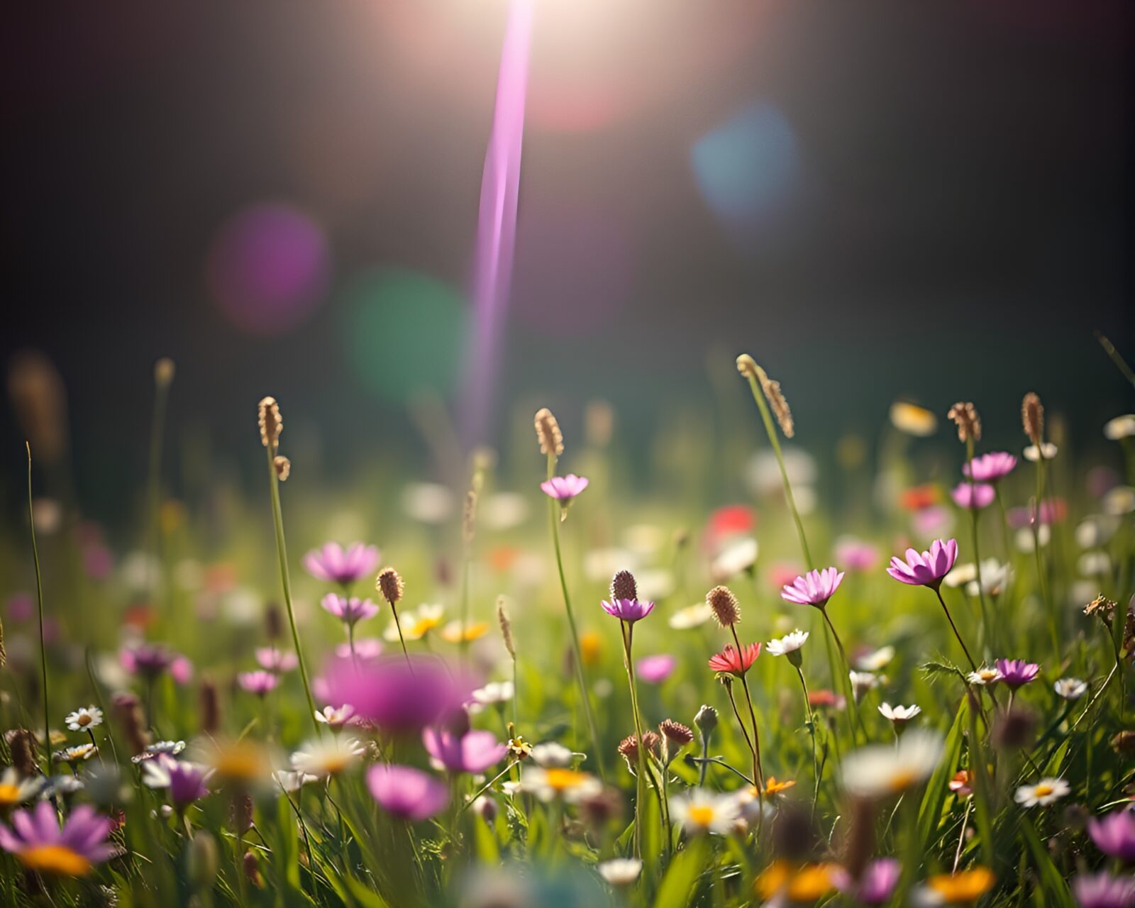 Mysterious noir style meadow with glowing ultraviolet flowers