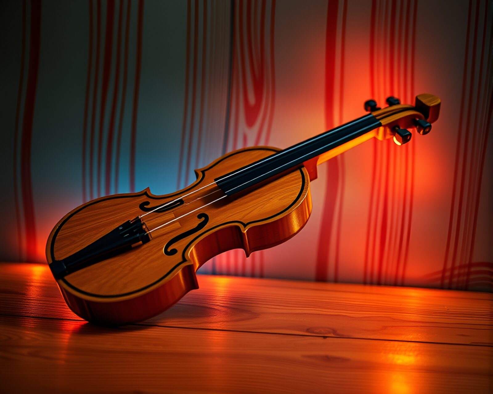 A wooden violin depicted in voxel art style with vibrant colors and mosaic lighting
