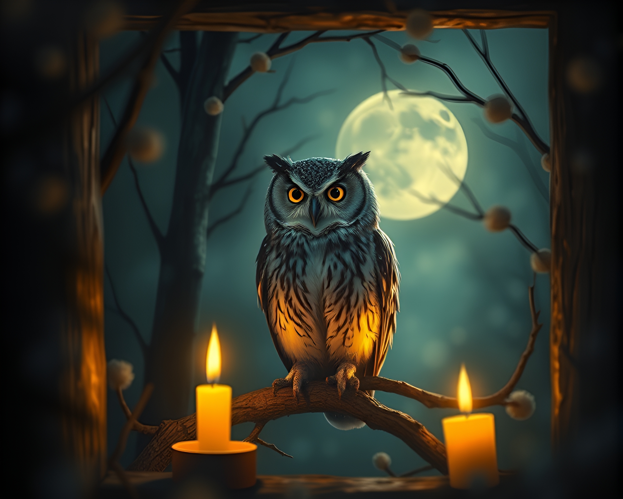 Enchanted Owl Framed in Candlelit Fantasy – free AI stock image