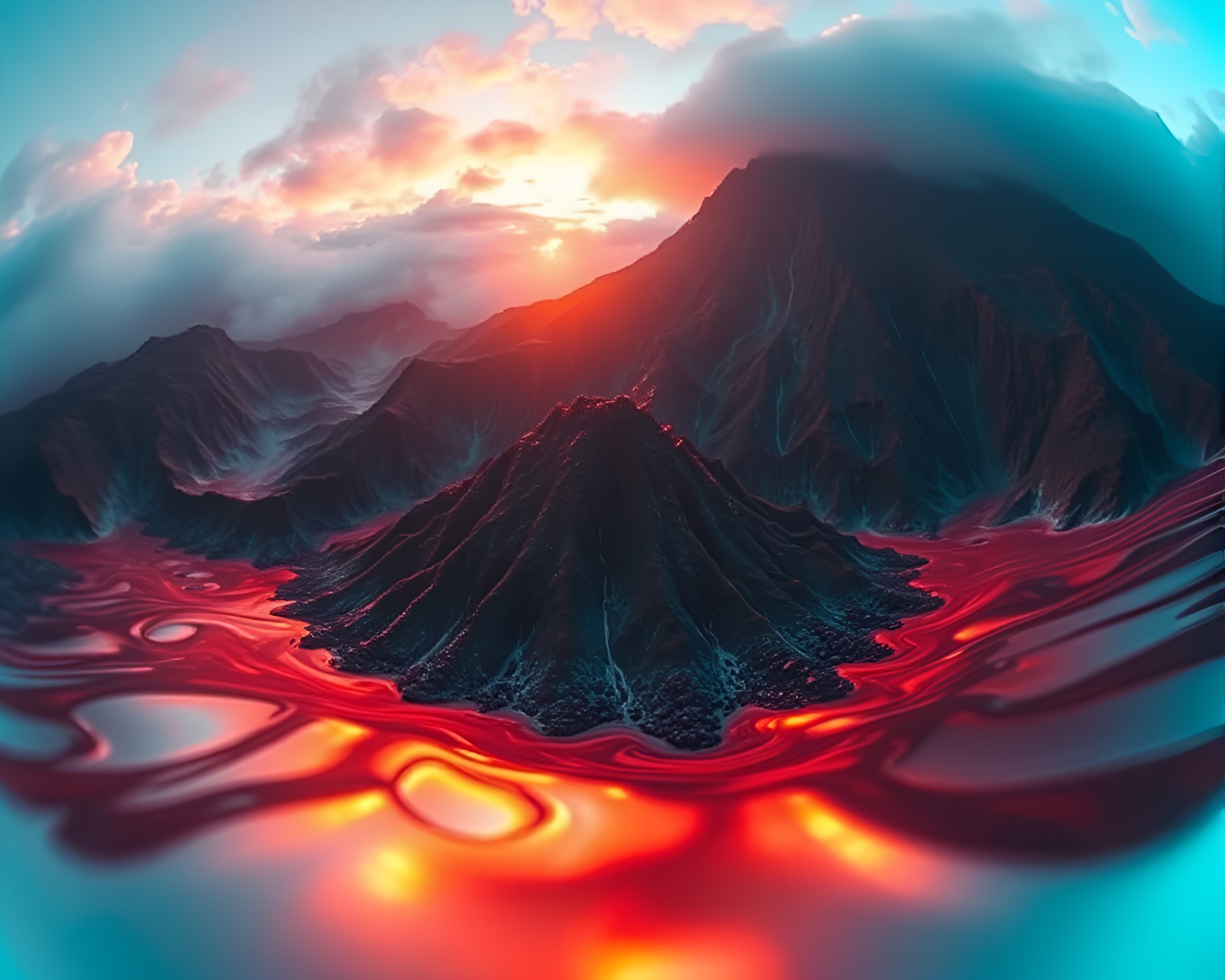 Iridescent Volcanic Island with Fisheye Effect – free AI stock image