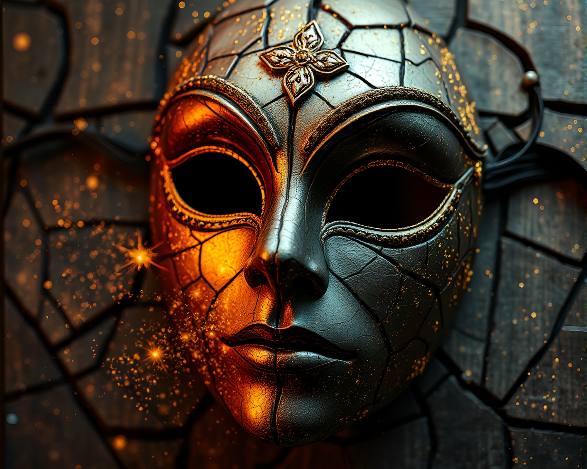 Cracked Earth Venetian Mask under Stardust Sky – free AI stock image