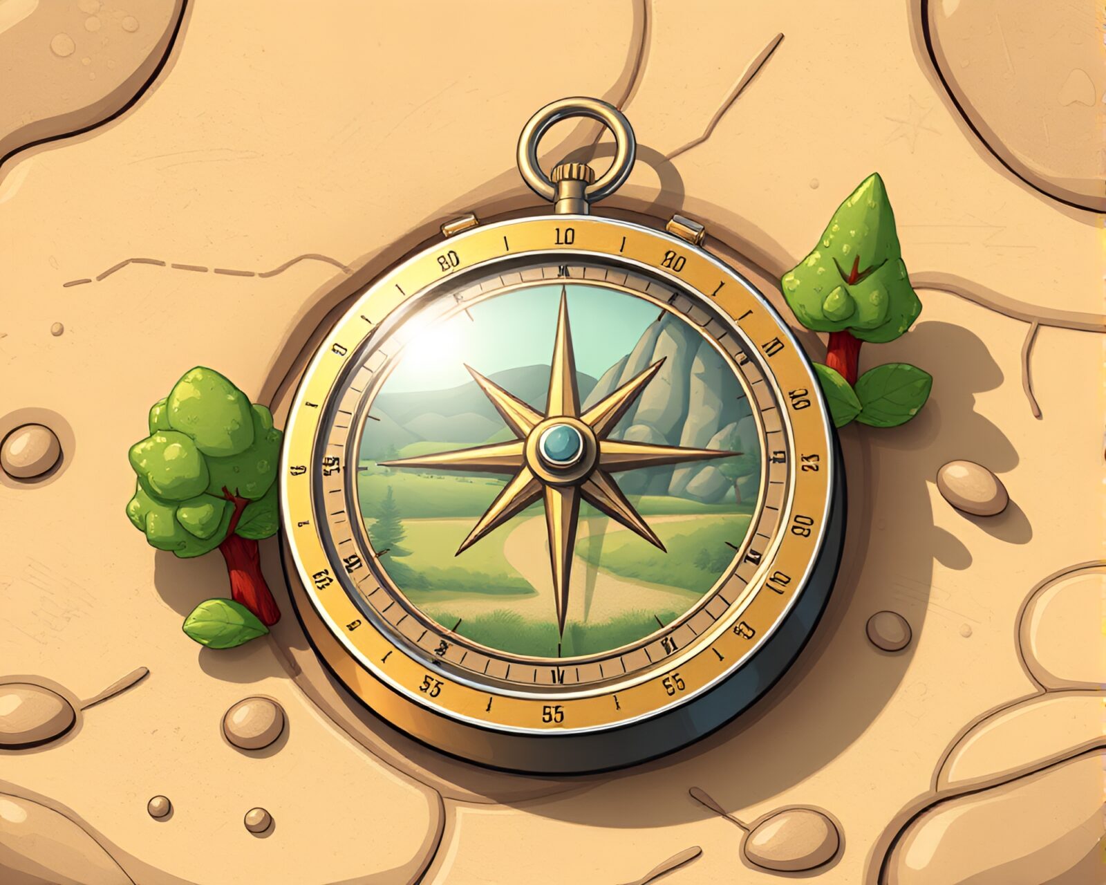 Colorful cartoon portrait with pocket sundial under gleaming light