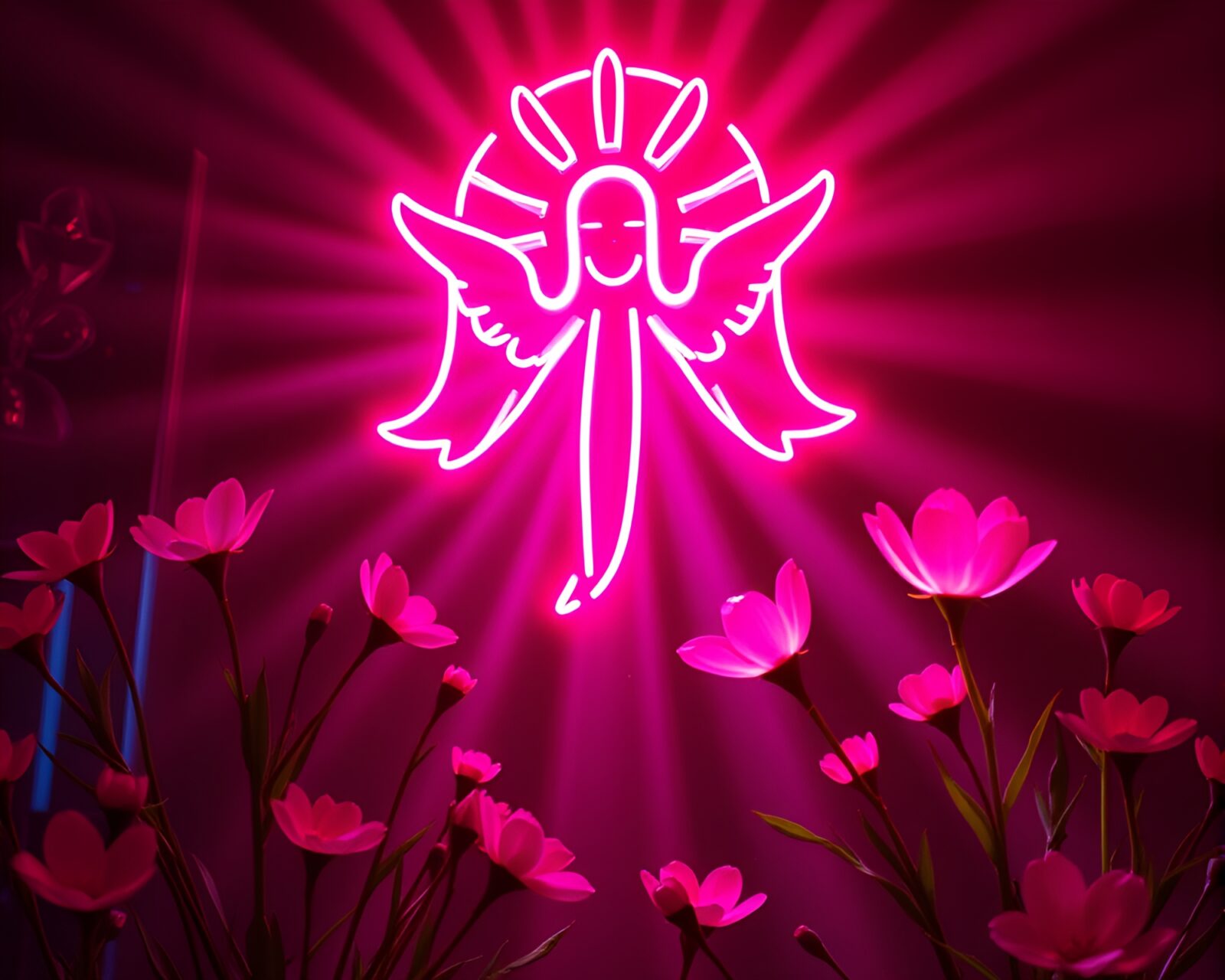 Vibrant neon tubing intertwining with blooming spring flowers under heavenly light rays