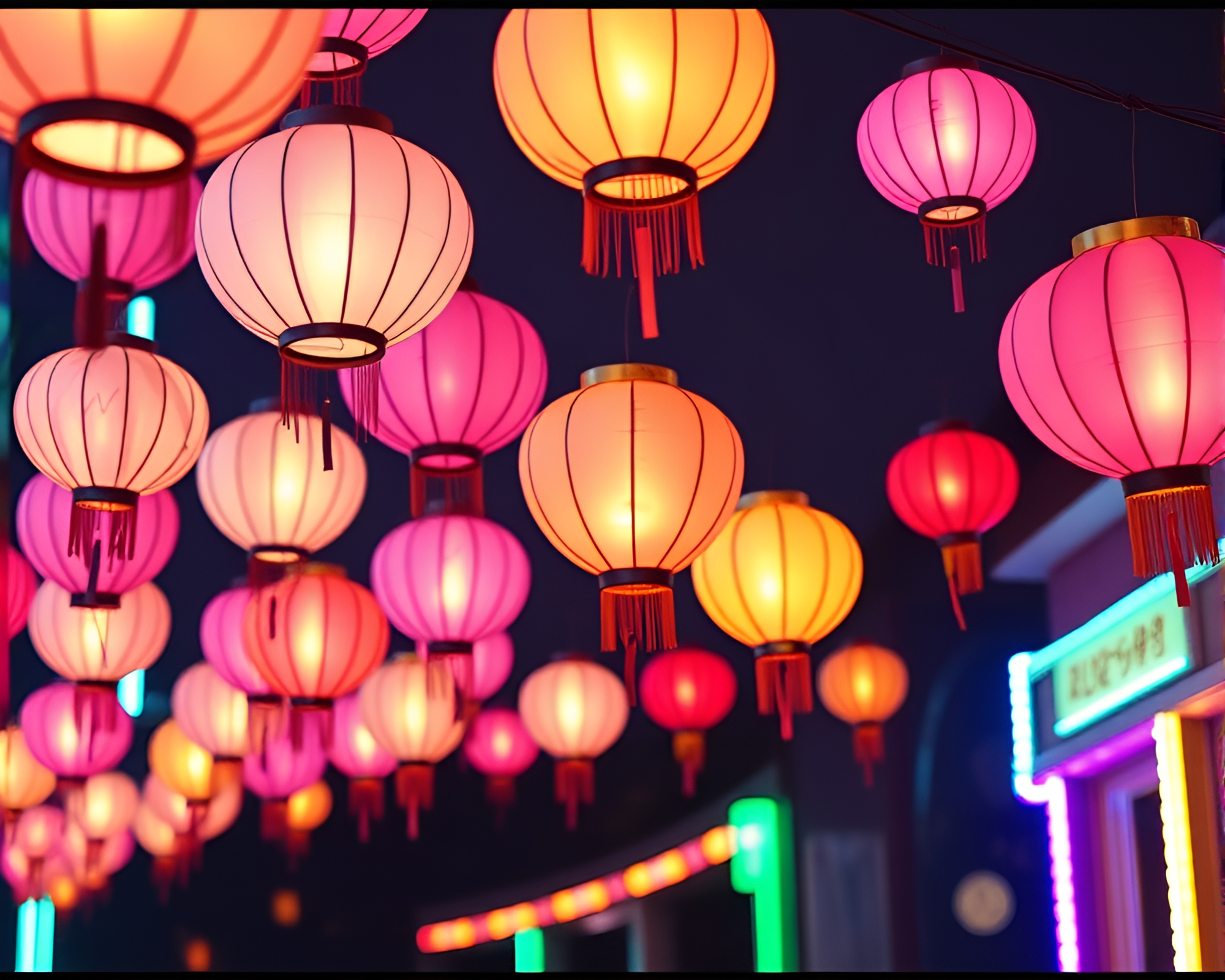 Dreamy Floating Lanterns in Neon Pastel Film Strip – free AI stock image