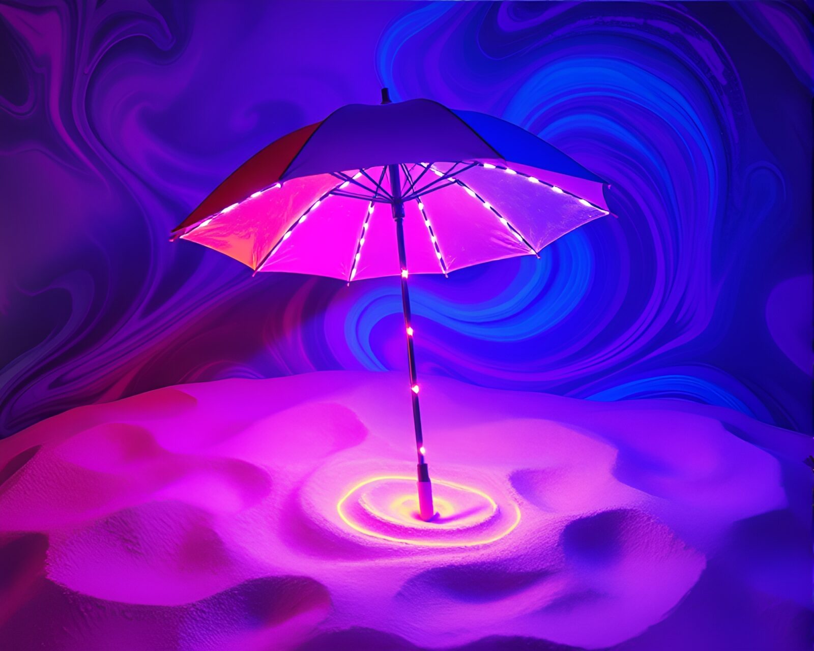 Vibrant ultraviolet-lit sand swirl design with neon umbrella
