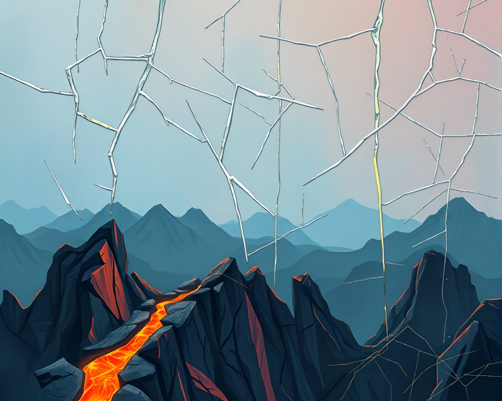 Cartoon-style bridge over volcanic ash background with scratches