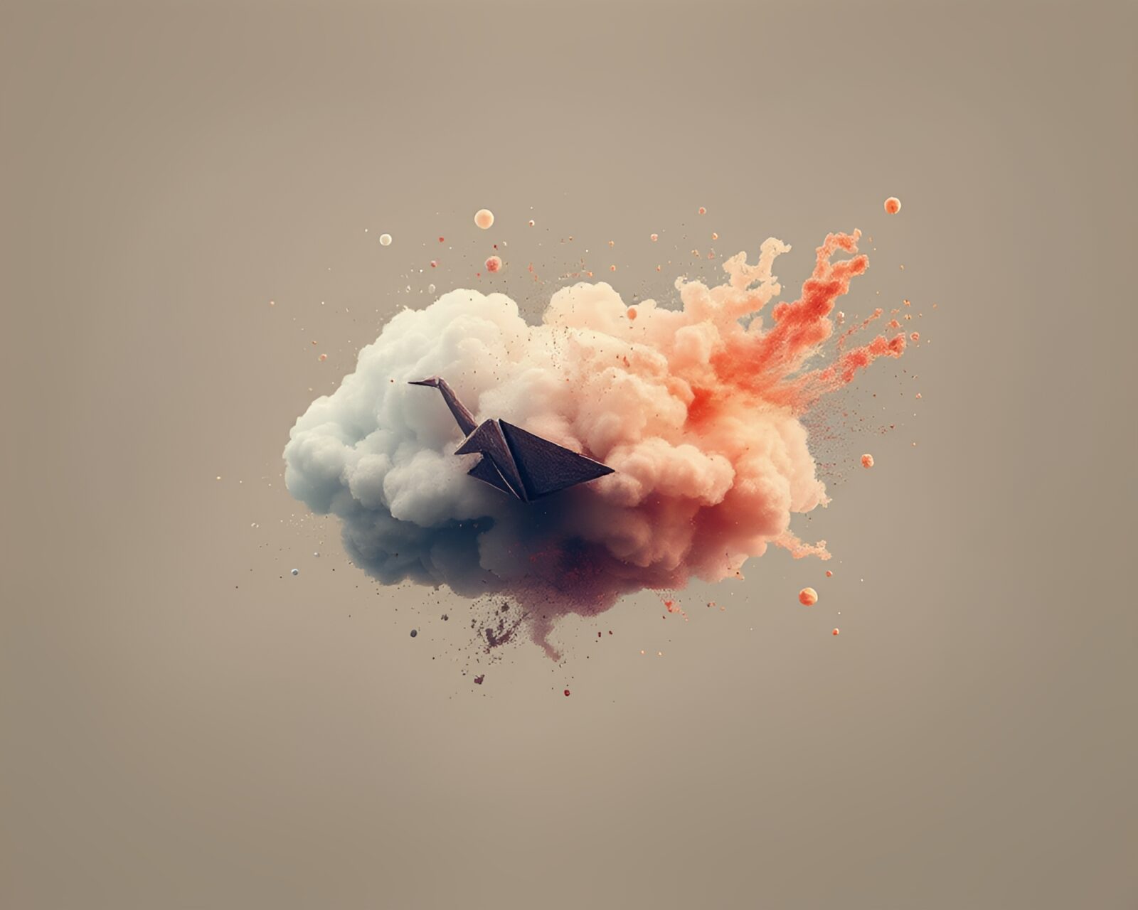 Digital glitch art with muted colors featuring origami crane in explosion