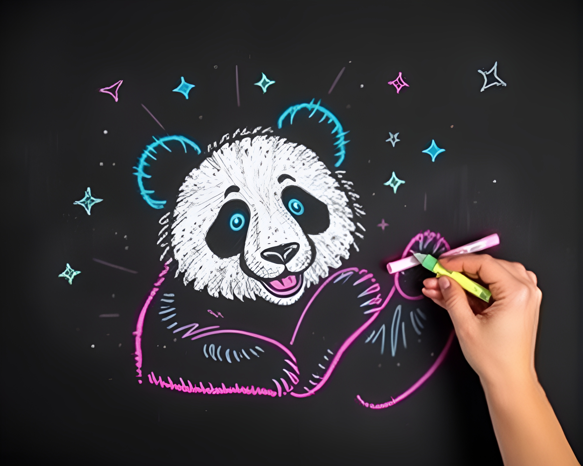 Neon Panda Chalk Art Composition – free AI stock image
