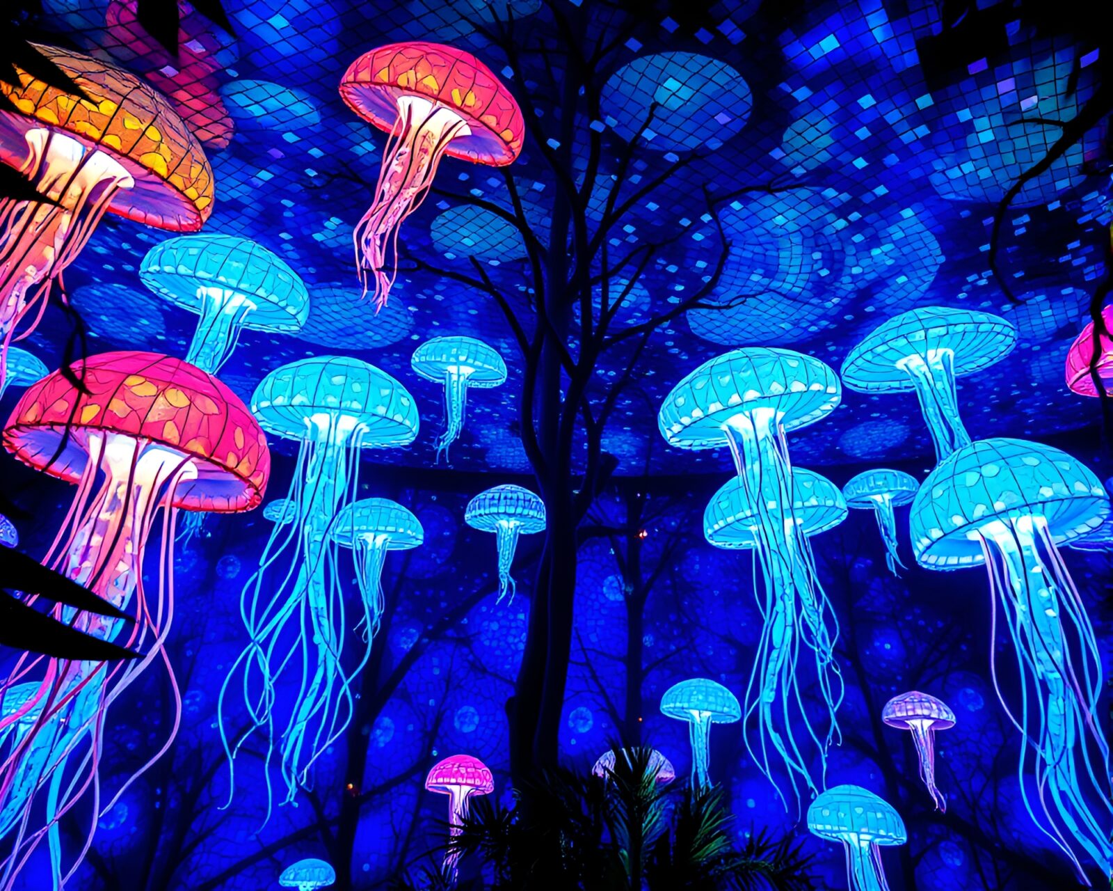Colorful mosaic of glowing jellyfish under lush green canopy
