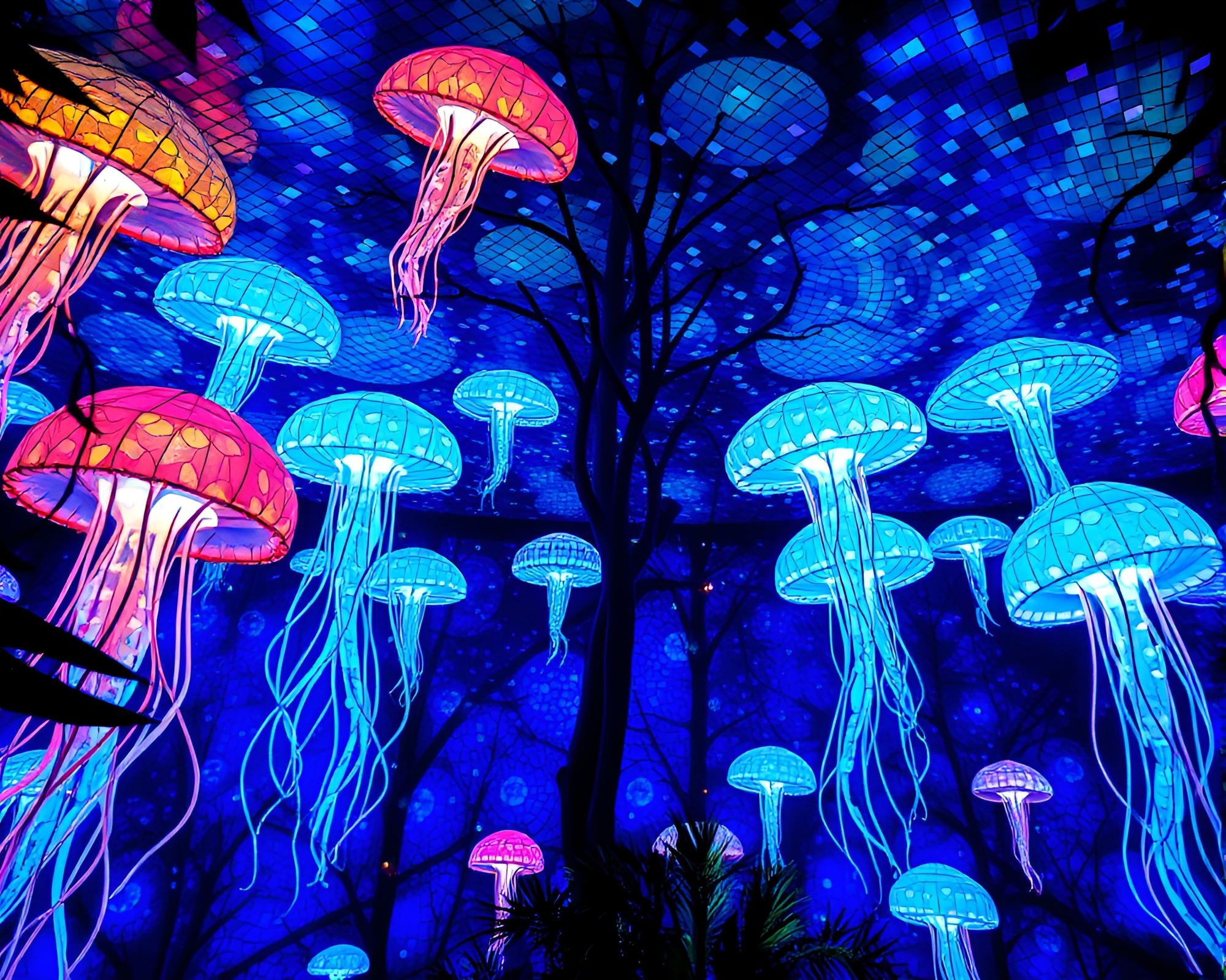 Bioluminescent jellyfish mosaic tiling in LED jungle canopy – free AI stock image