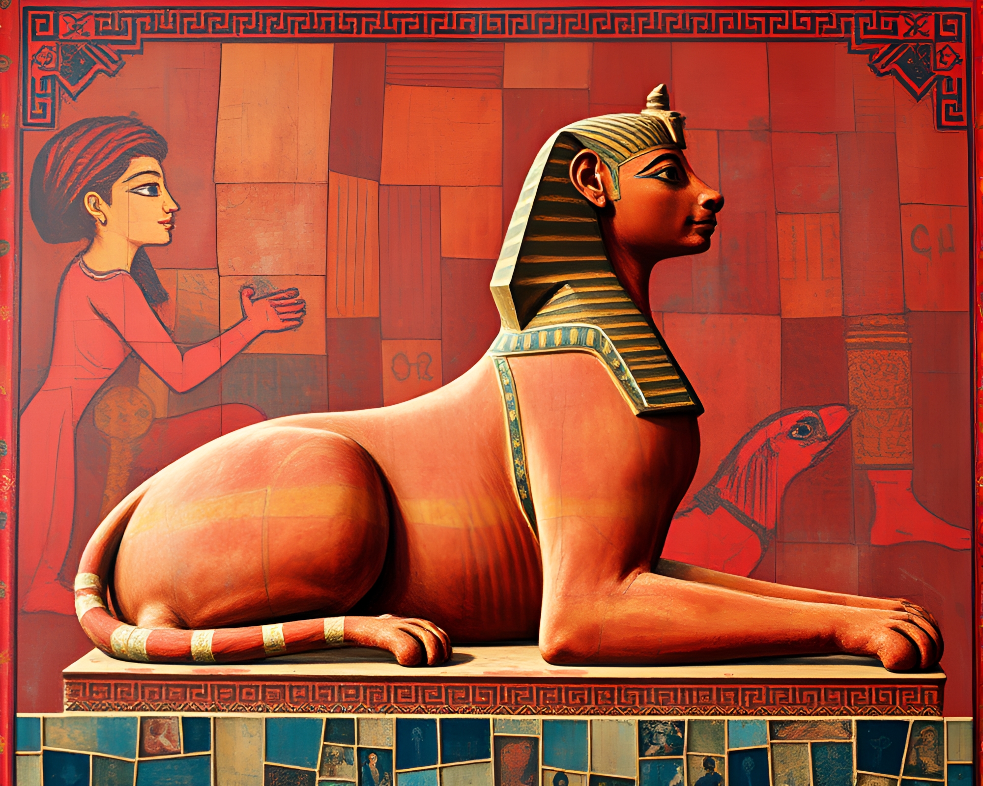 Sphinx Statue in Ruby Red Mural Painting – free AI stock image