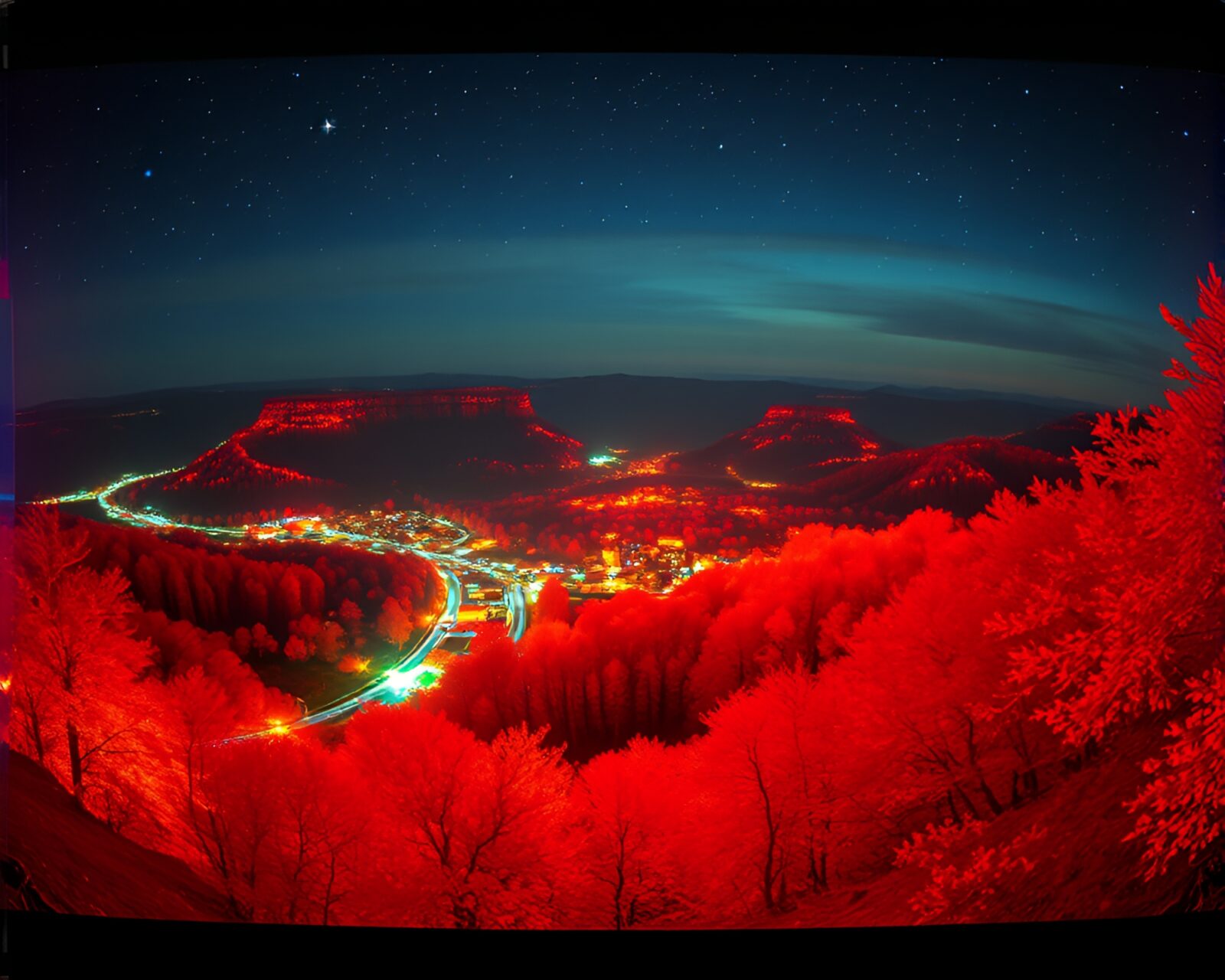 Panoramic view of fairy realm in grainy thermal imaging