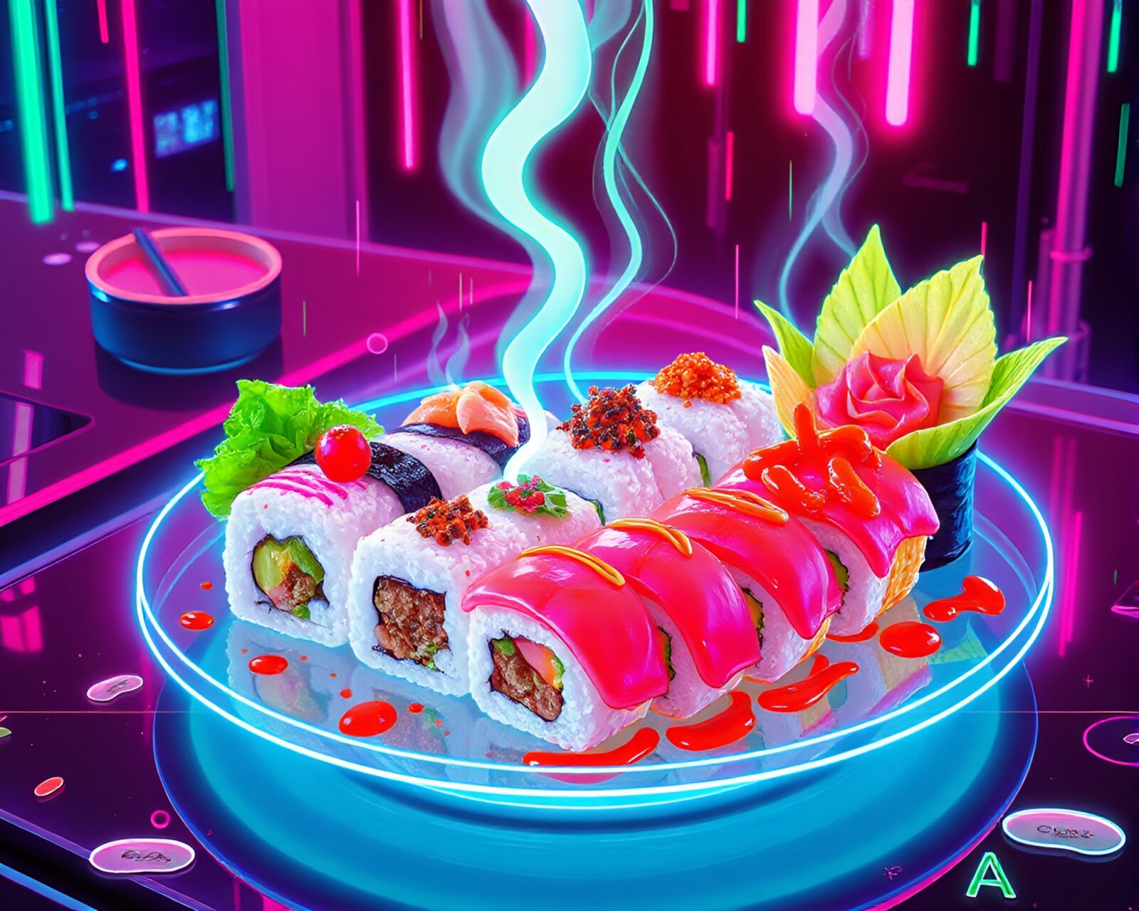 Vibrant neon graffiti surrounds a glitchy sushi platter art