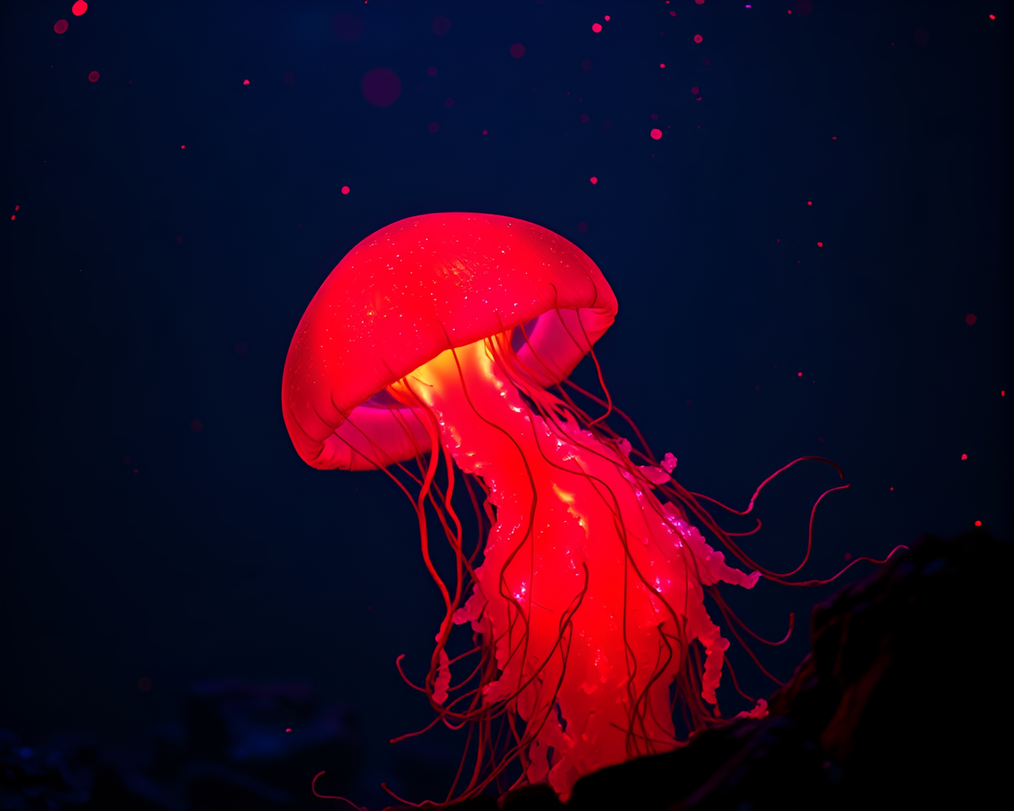 Bioluminescent jellyfish in volcano-red glow – free AI stock image