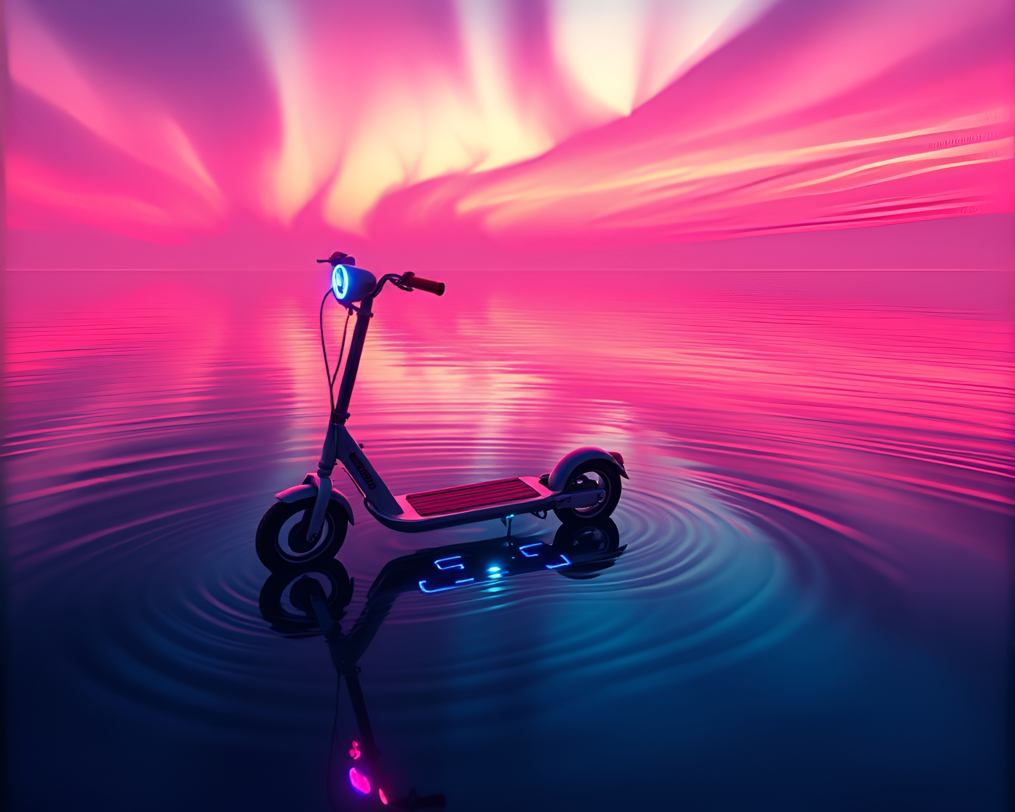 Synthwave Electric Scooter Reflecting Aurora Hue Ripples – free AI stock image