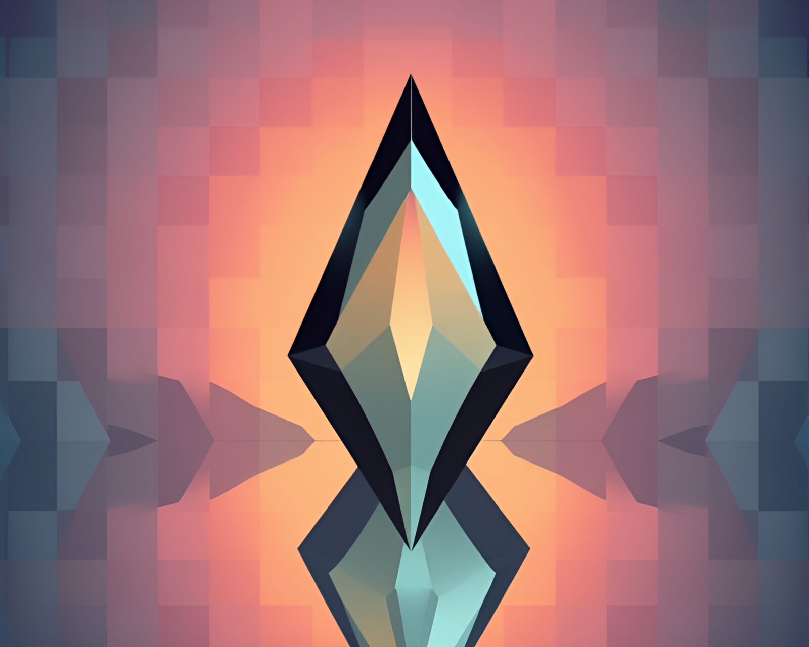 Earth-toned cyborg reflecting in mosaic glass shard
