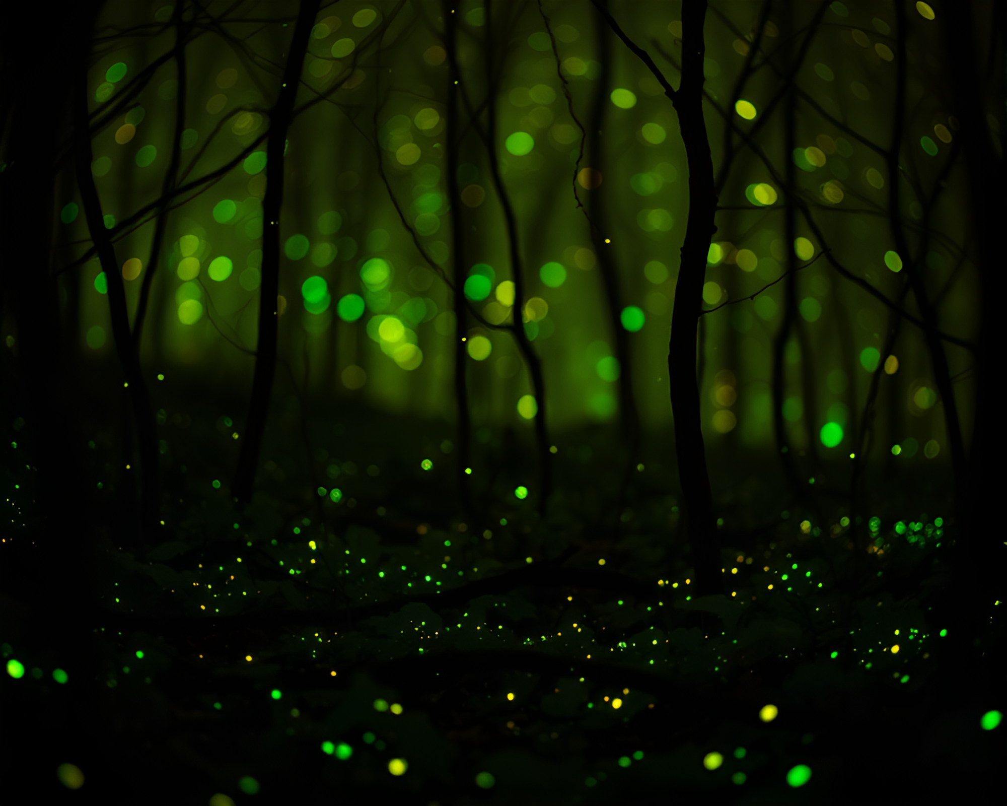 Bioluminescent Olive Drab Macro Forest with Acrylic Spatters – free AI stock image