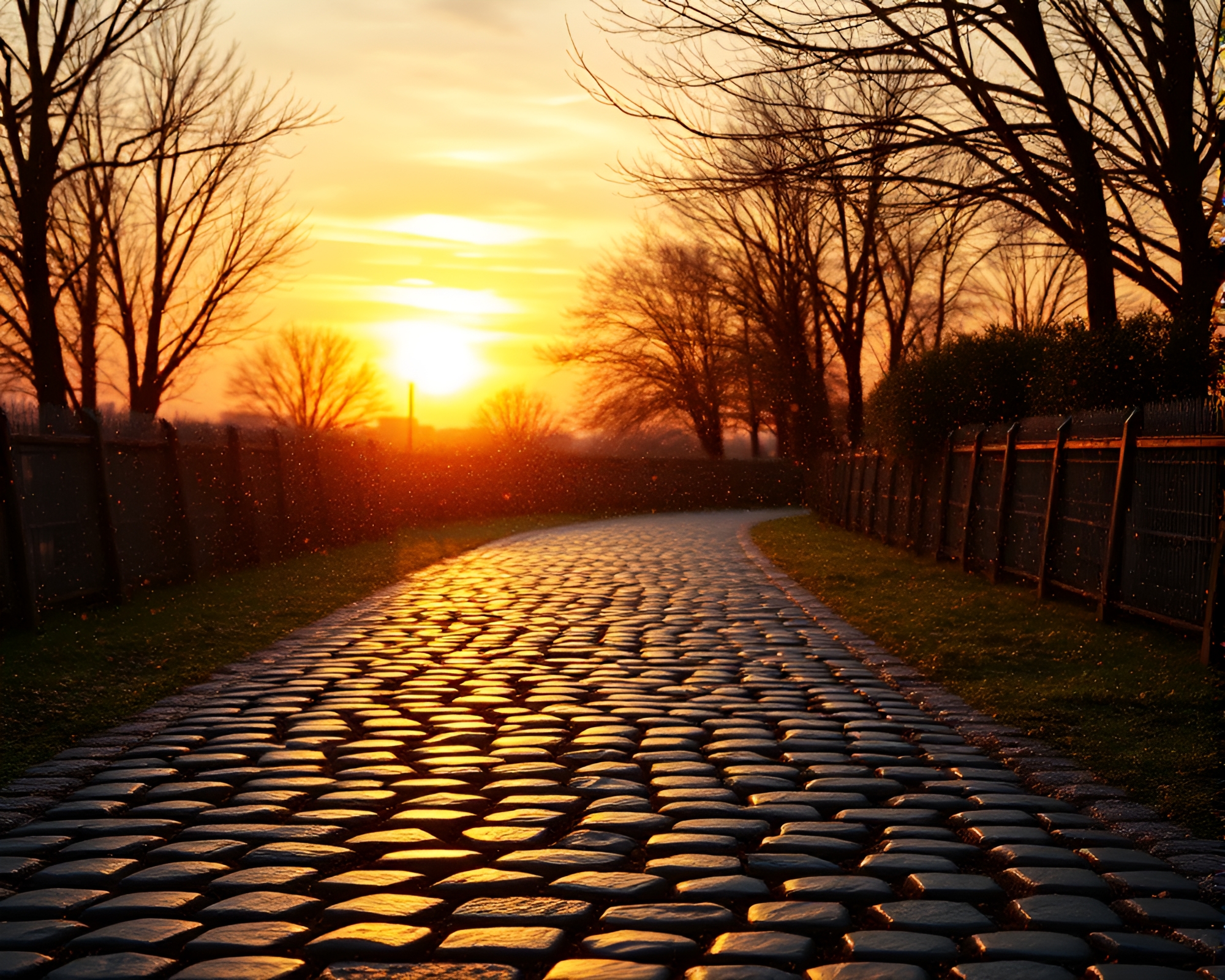 Vaporwave Sunset on Cobblestone Path with Bronze Sheen – free AI stock image