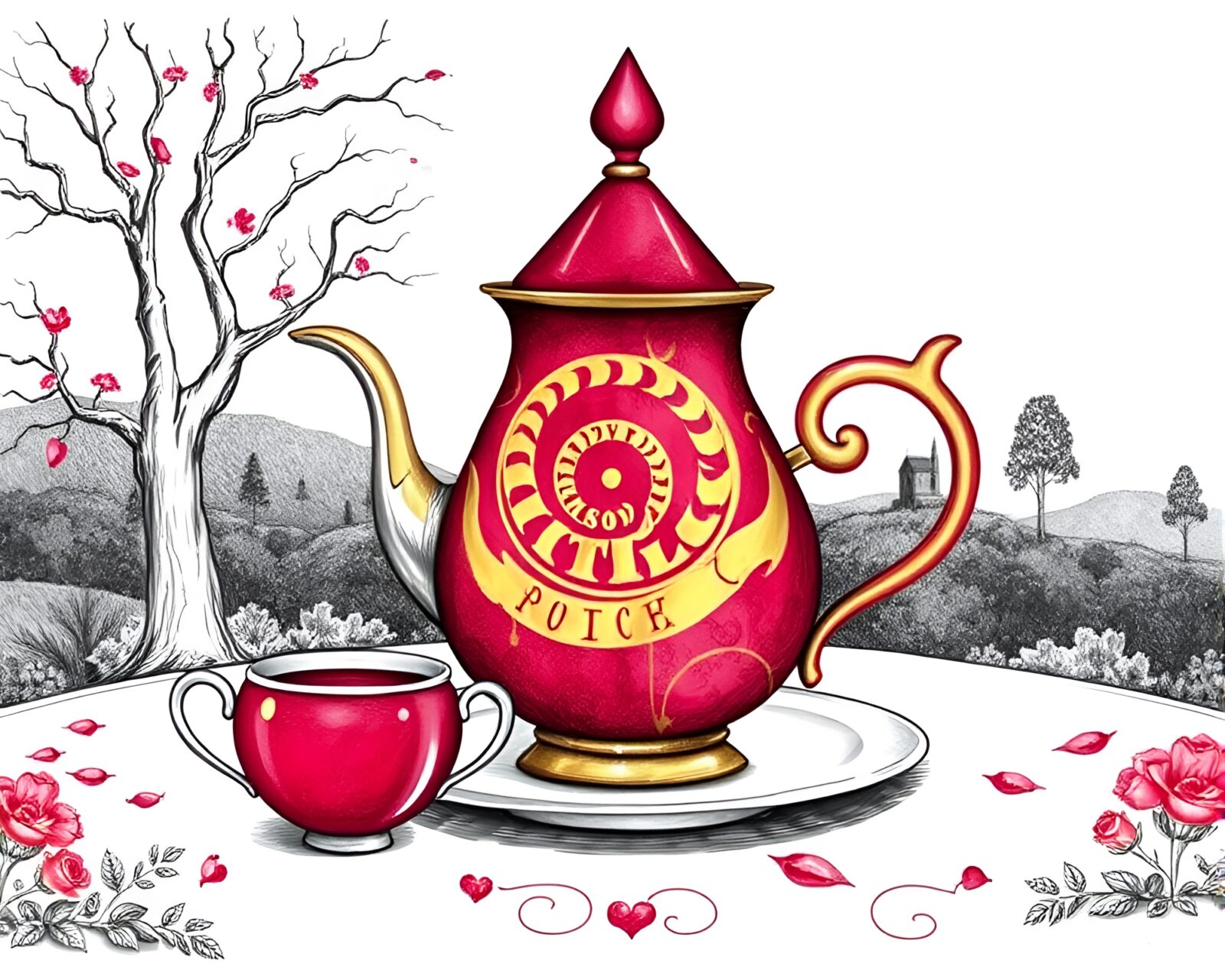 Golden spiral framing a ruby red tea set in landscape etching style
