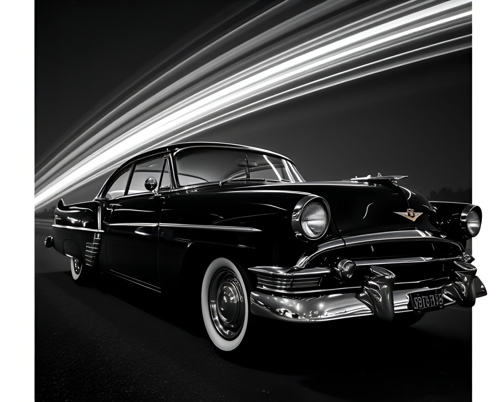 Monochrome vintage car under cosmic rainbow light trails