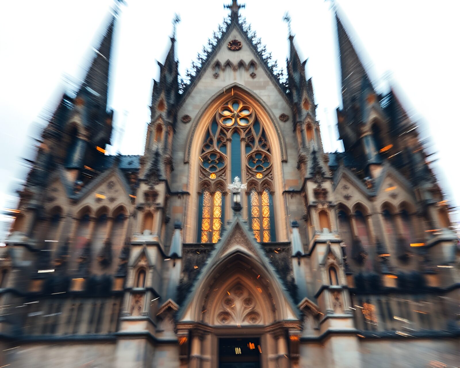 Ethereal hatching strokes on gothic architecture with glittering metallic hues