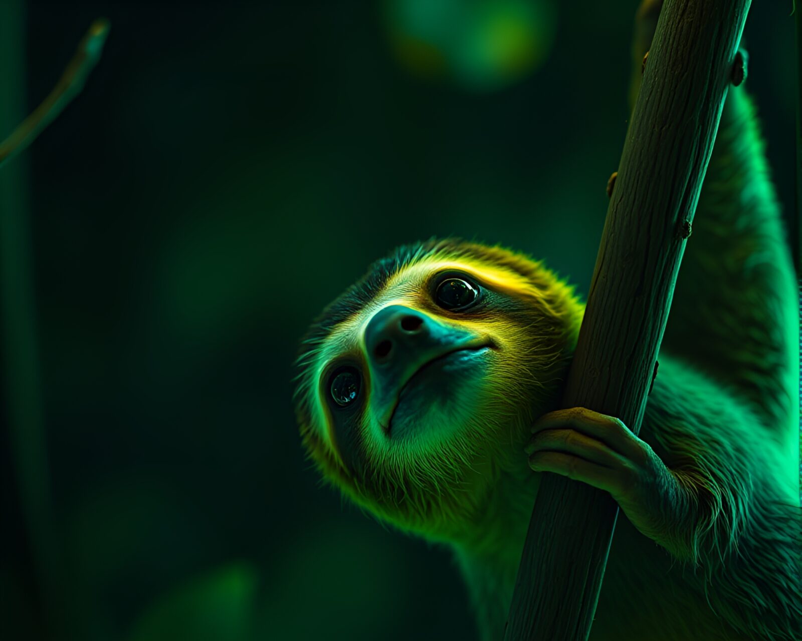 Sloth relaxing in soft glowing neon ambiance