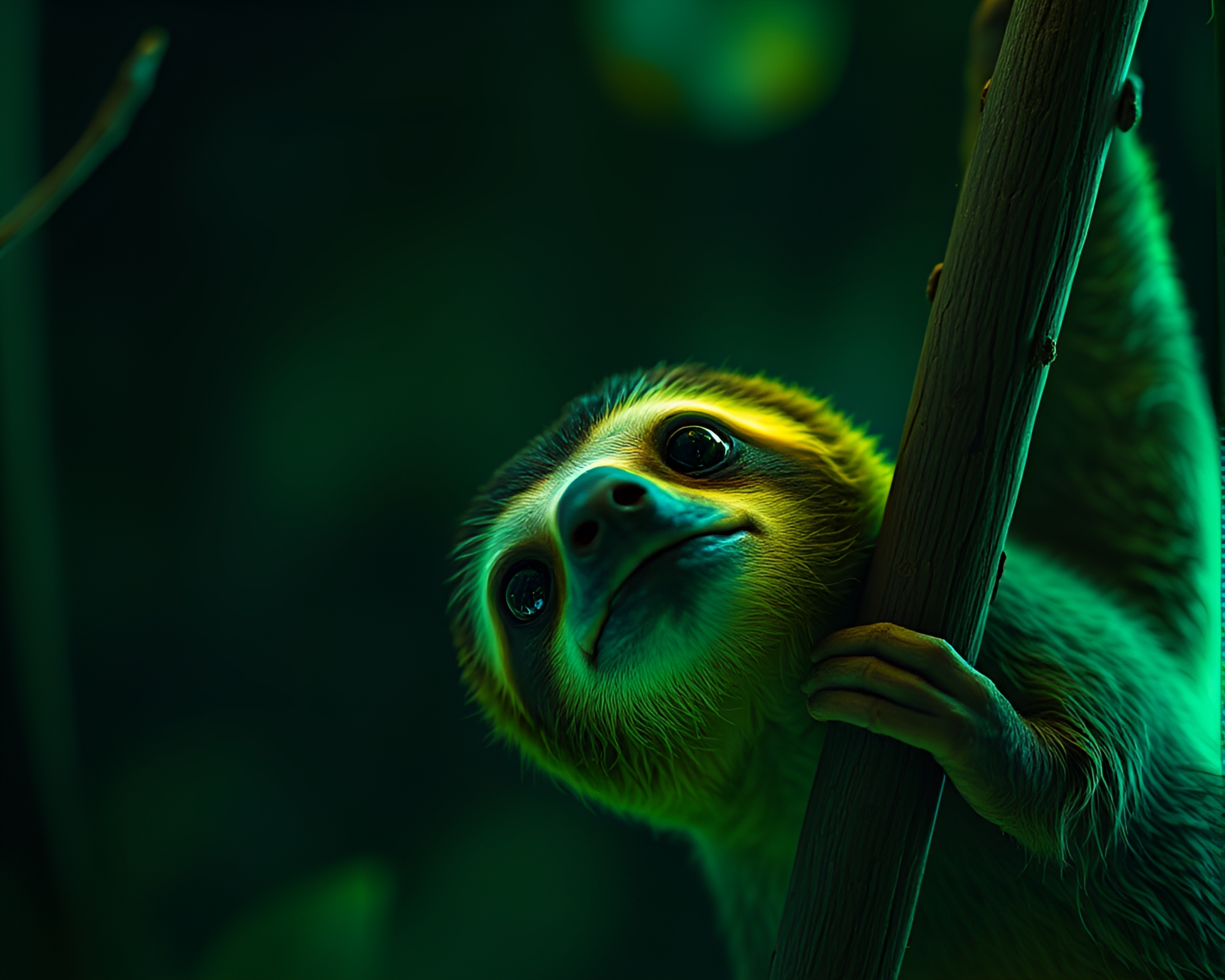 Sloth lounging under neon lights – free AI stock image