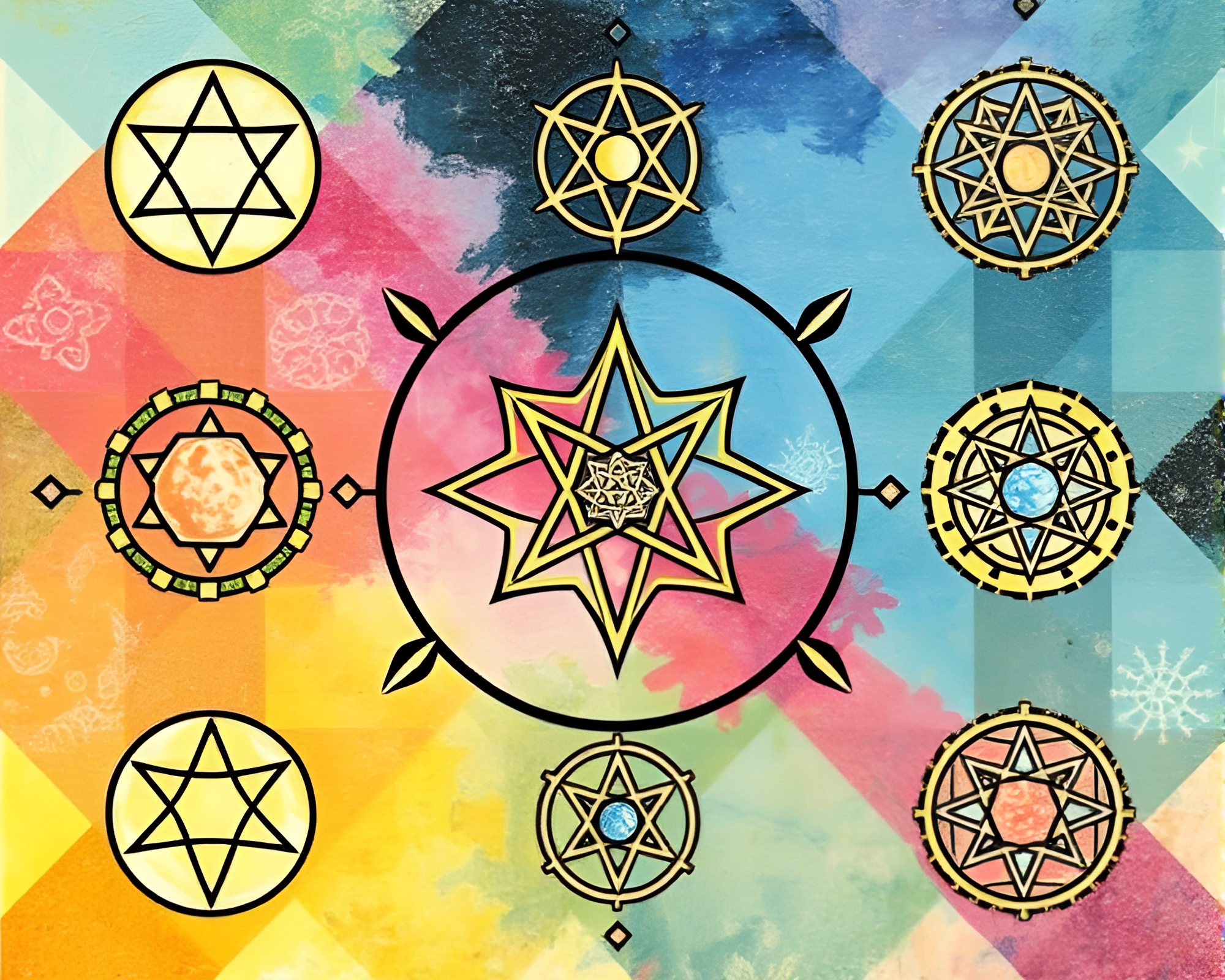 Checkered Alchemical Symbols: Planetary Impasto Artwork – free AI stock image