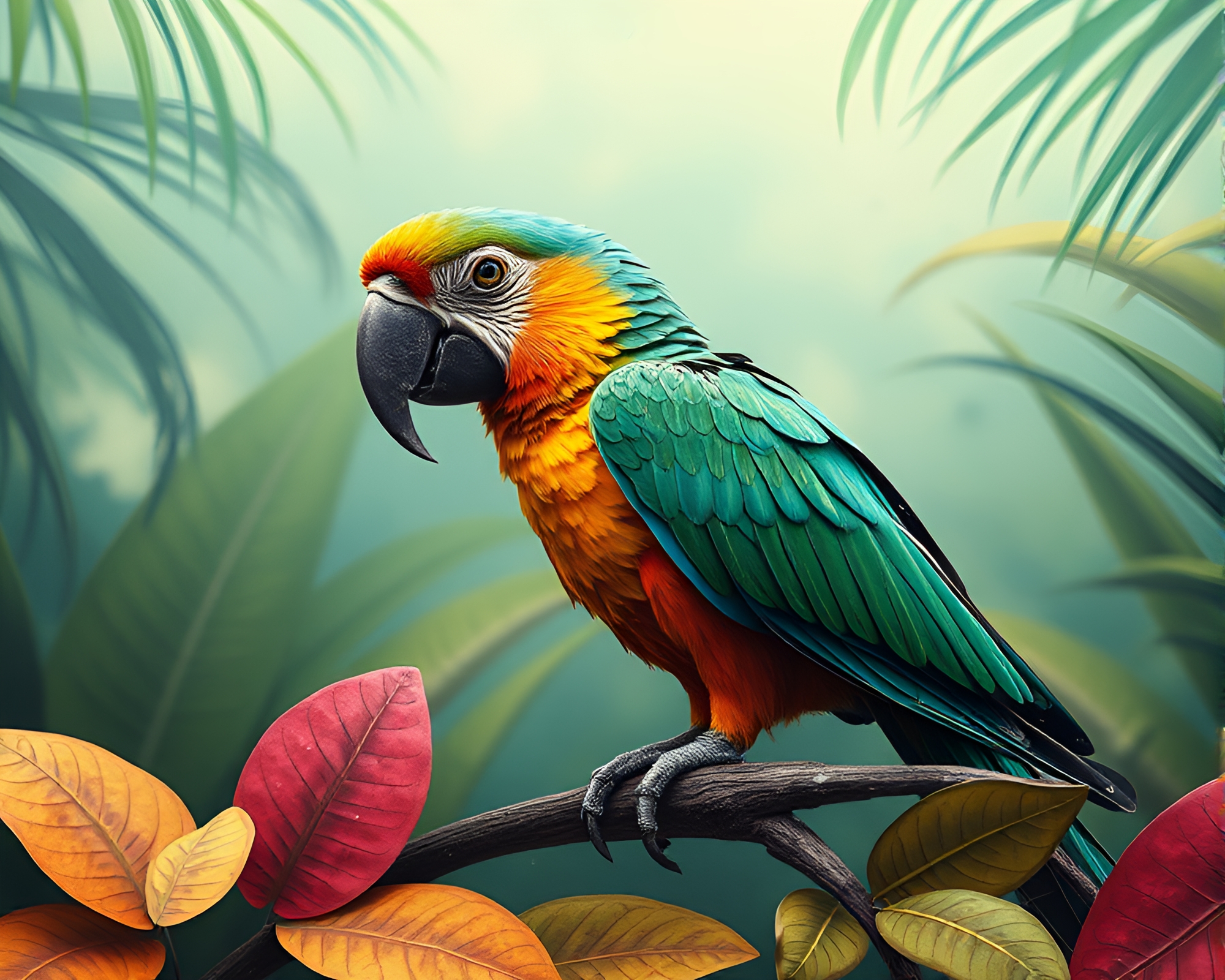 Tropical Parrot Amid Paper Tears in Misty Grunge Setting – free AI stock image