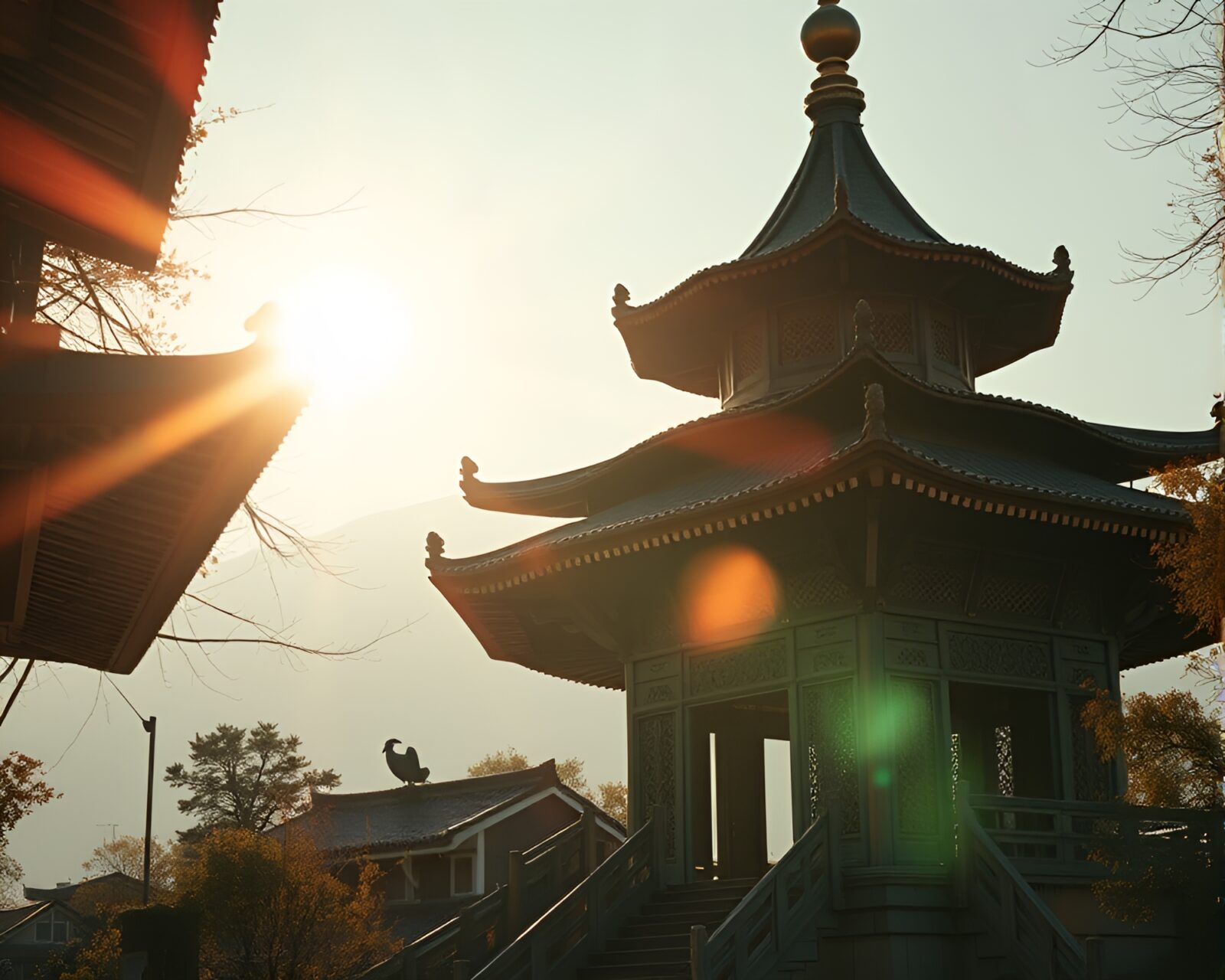 Studio shot of a mystical pagoda glowing in bronze