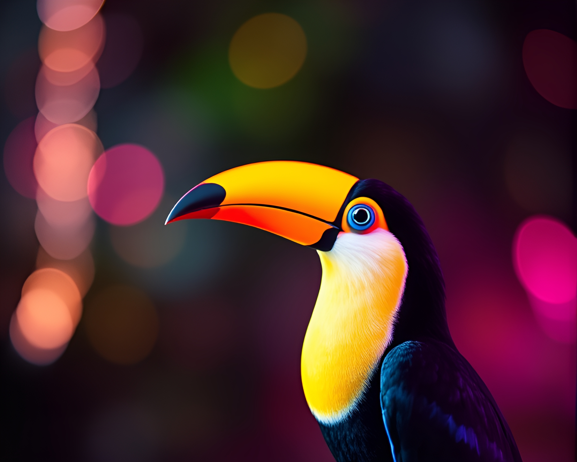 Vibrant Neon Toucan Spiral Art Bokeh – free AI stock image
