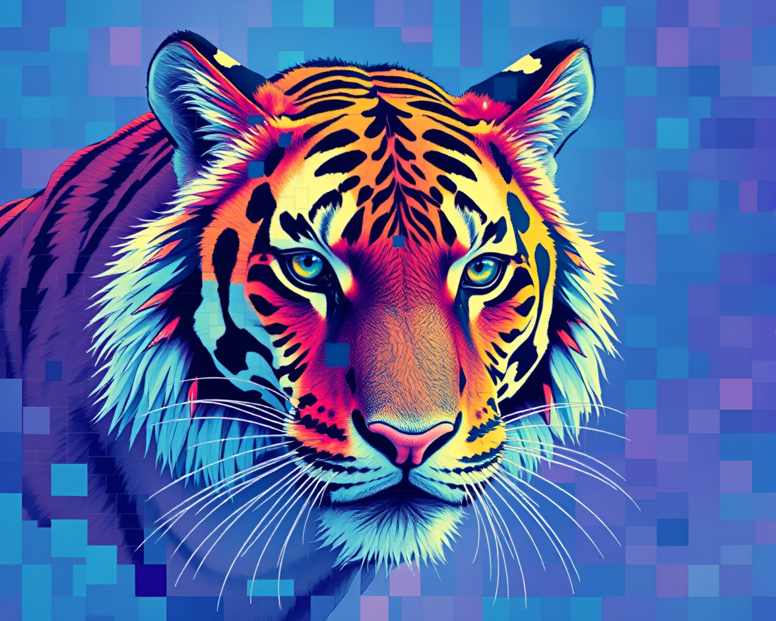 Fragmented mosaic of tiger in neon-lit ocean-blue hues