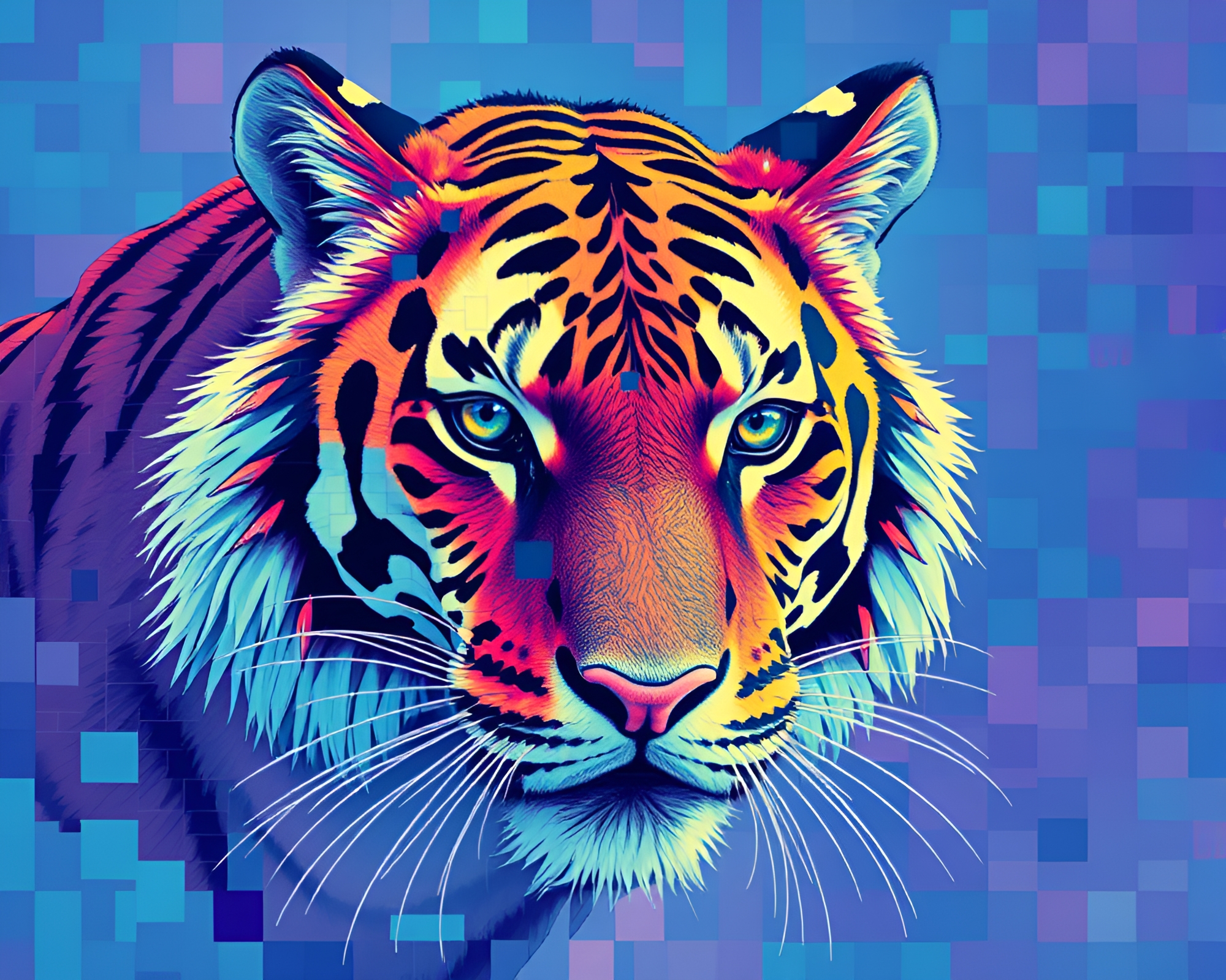 Retrowave Tiger Mosaic in Ocean Blues – free AI stock image