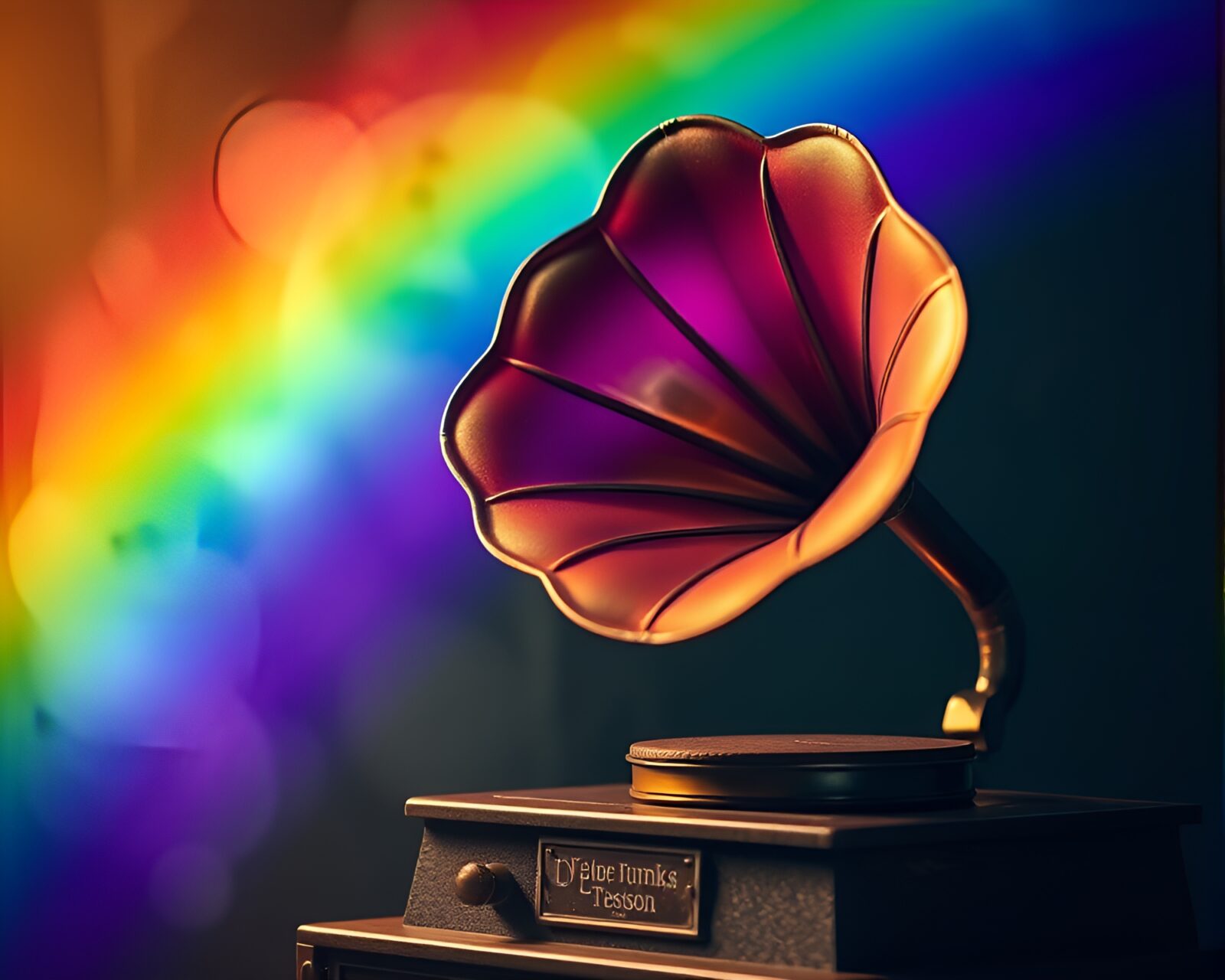 Colorful steampunk gramophone with rainbow light, crosshatch shadow